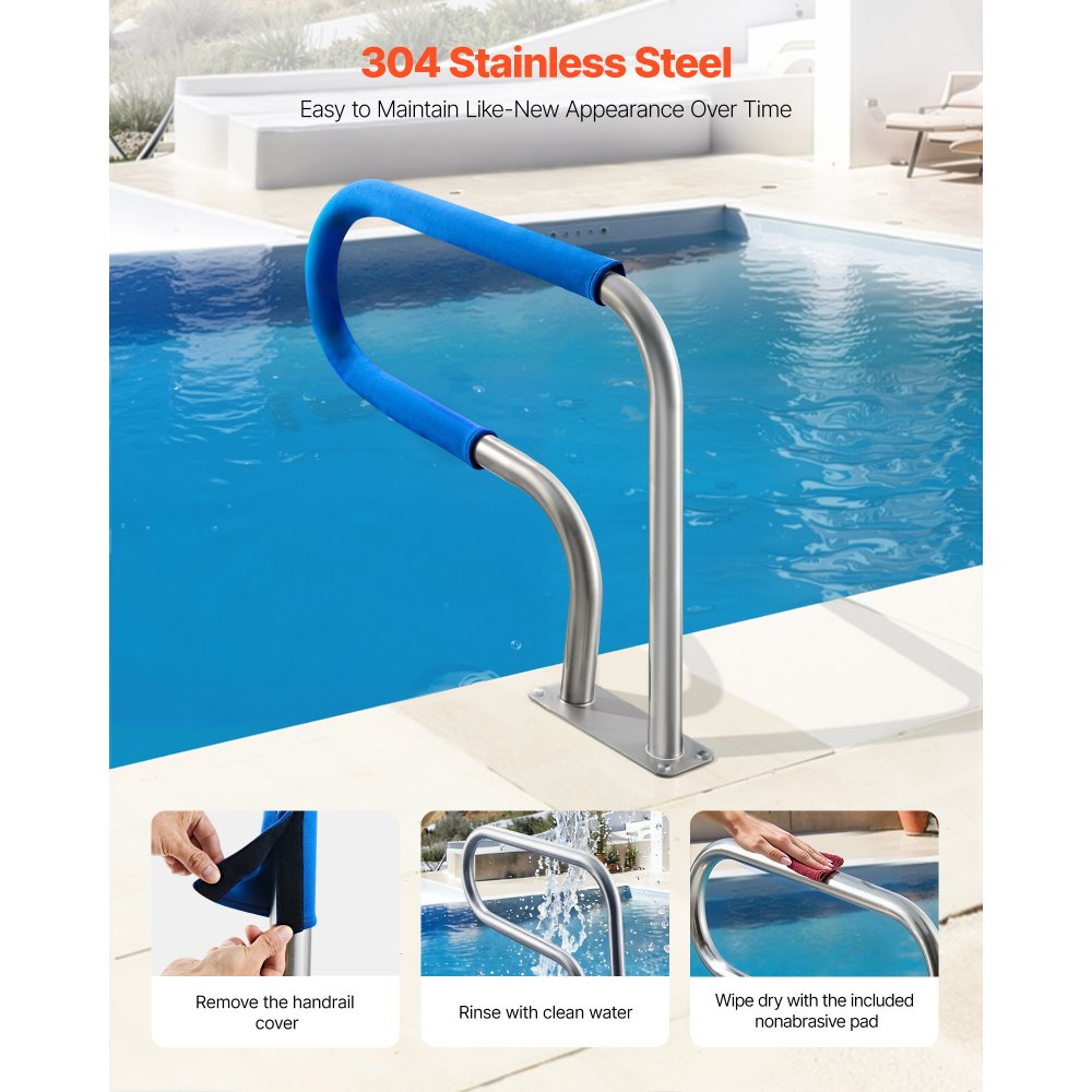 VEVOR Pool Rail, 31 x 22 inch Pool Handrail, 220 lbs Load Capacity Heavy Duty 304 Stainless Steel Swimming Handrail, Detachable Nonslip Sleeve, Rich Accessories, for Poolside, Water Parks， Spa Centers