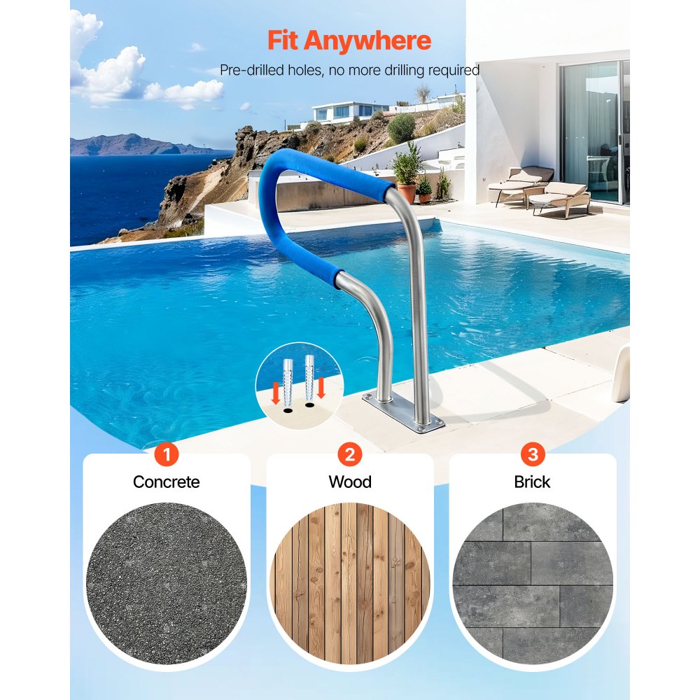 VEVOR Pool Rail, 31 x 22 inch Pool Handrail, 220 lbs Load Capacity Heavy Duty 304 Stainless Steel Swimming Handrail, Detachable Nonslip Sleeve, Rich Accessories, for Poolside, Water Parks， Spa Centers