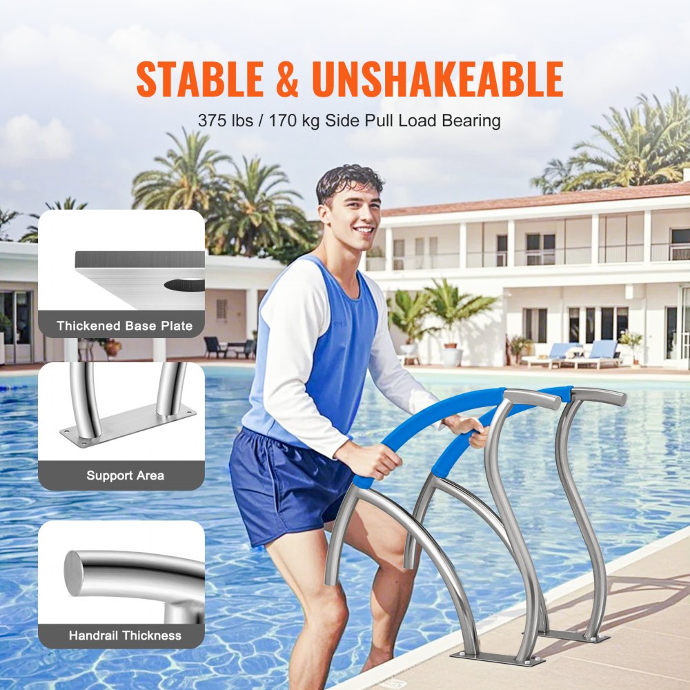 VEVOR Pool Handrail, 2 PCS 30x30 in Pool Railing, Stainless Steel with Base Plate for Indoor/Outdoor Pools,Swimming Pool Safety Railing for Decks,Rust-Proof Grab Bar w/ Grip Cover&Accessories for Spas