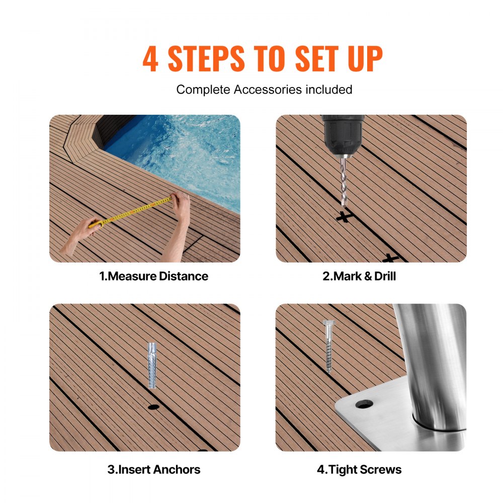 VEVOR Pool Handrail, 2 PCS 30x30 in Pool Railing, Stainless Steel with Base Plate for Indoor/Outdoor Pools,Swimming Pool Safety Railing for Decks,Rust-Proof Grab Bar w/ Grip Cover&Accessories for Spas