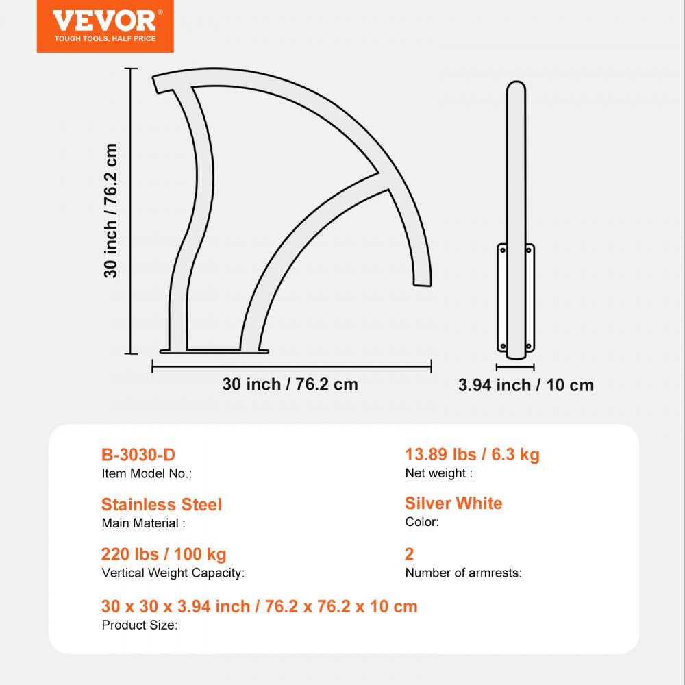 VEVOR Pool Handrail, 2 PCS 30x30 in Pool Railing, Stainless Steel with Base Plate for Indoor/Outdoor Pools,Swimming Pool Safety Railing for Decks,Rust-Proof Grab Bar w/ Grip Cover&Accessories for Spas