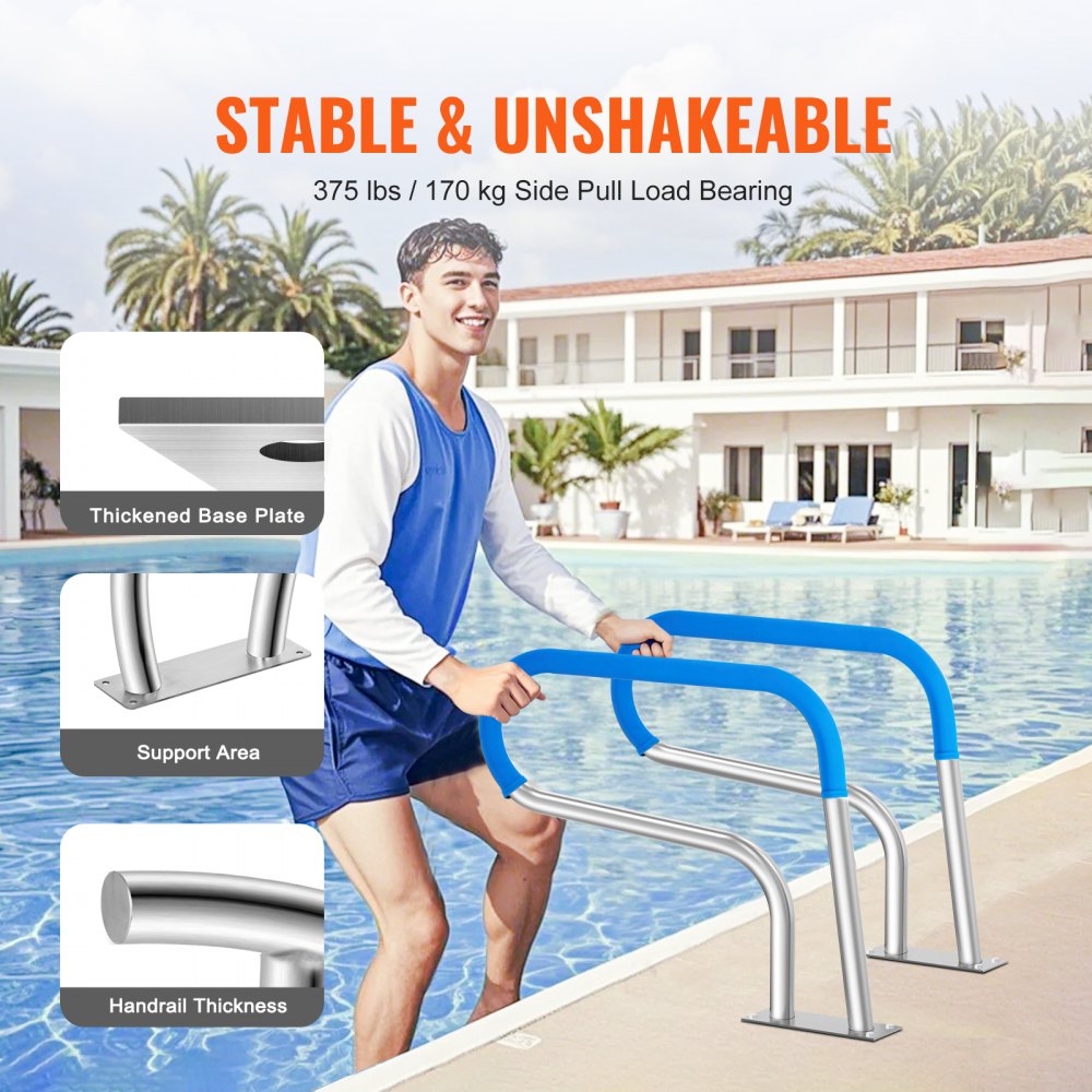 VEVOR Pool Handrail, 32 x 23 inch Pool Railing, Stainless Steel with Base Plate for Indoor/Outdoor Pools,Swimming Pool Safety Railing for Decks,Rust-Proof Grab Bar w/ Grip Cover&Accessories for Spas