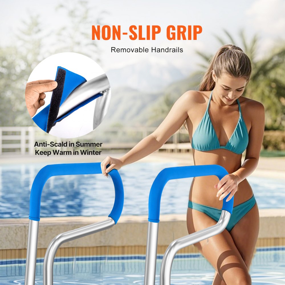 VEVOR Pool Handrail, 32 x 23 inch Pool Railing, Stainless Steel with Base Plate for Indoor/Outdoor Pools,Swimming Pool Safety Railing for Decks,Rust-Proof Grab Bar w/ Grip Cover&Accessories for Spas