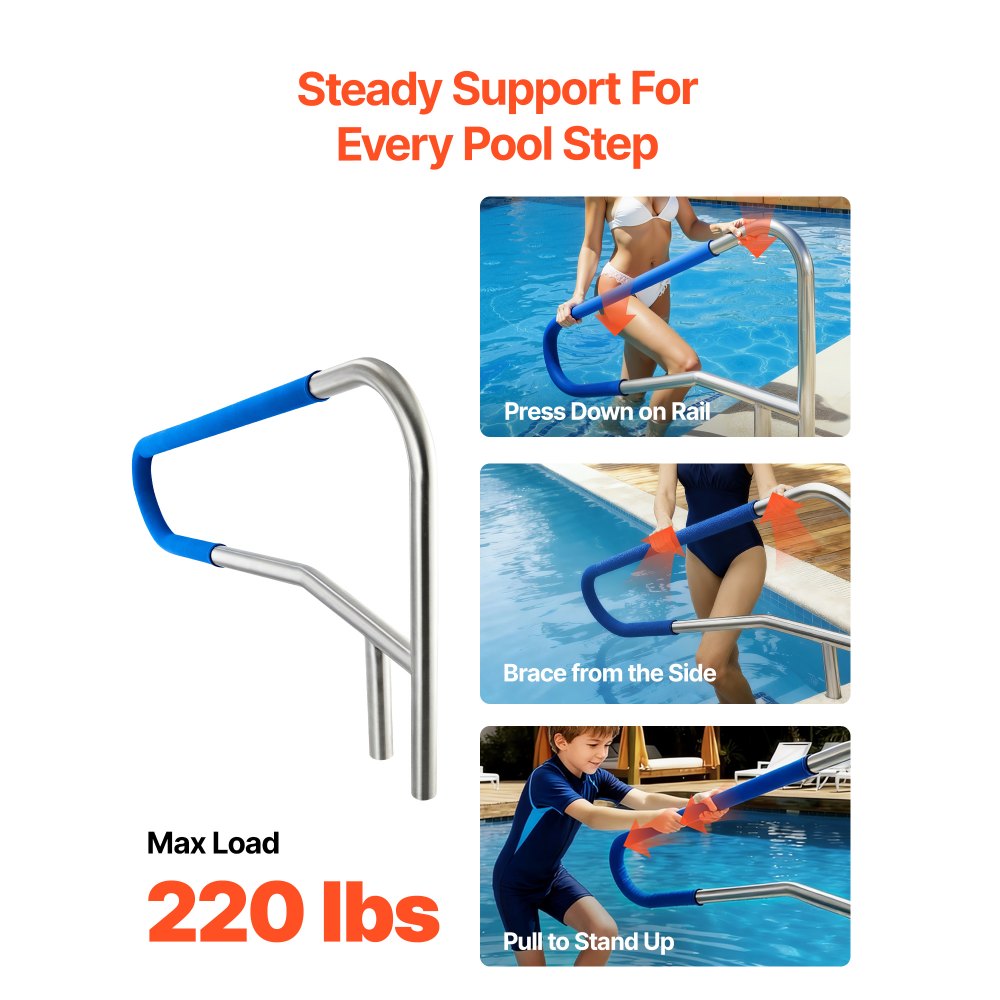 VEVOR Pool Rail, 54 x 32 inch Pool Handrail, 220 lbs Load Capacity Heavy Duty 304 Stainless Steel Swimming Handrail, Detachable Nonslip Sleeve, Recessed or Base Mount, for Poolside, Water Parks