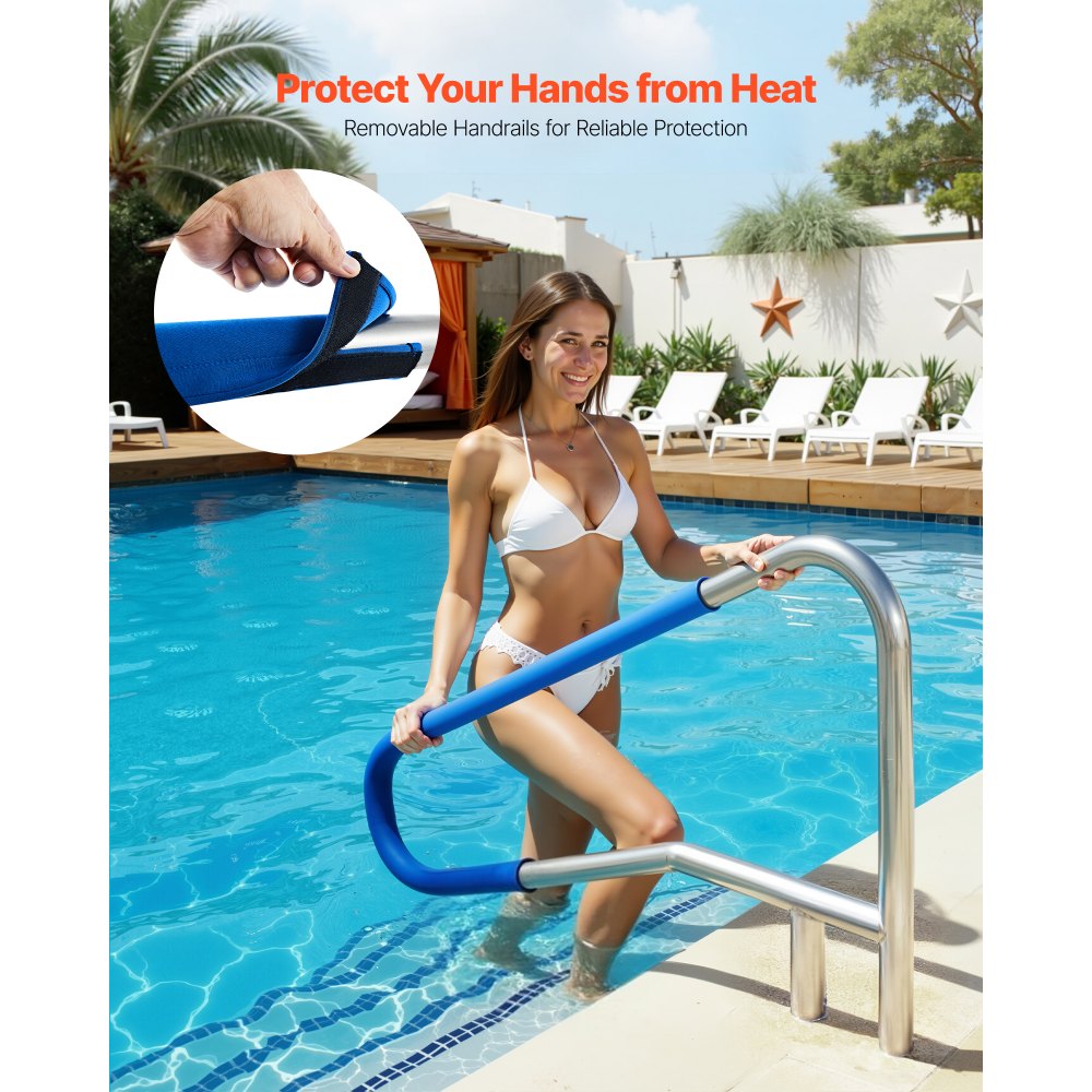 VEVOR Pool Rail, 54 x 32 inch Pool Handrail, 220 lbs Load Capacity Heavy Duty 304 Stainless Steel Swimming Handrail, Detachable Nonslip Sleeve, Recessed or Base Mount, for Poolside, Water Parks