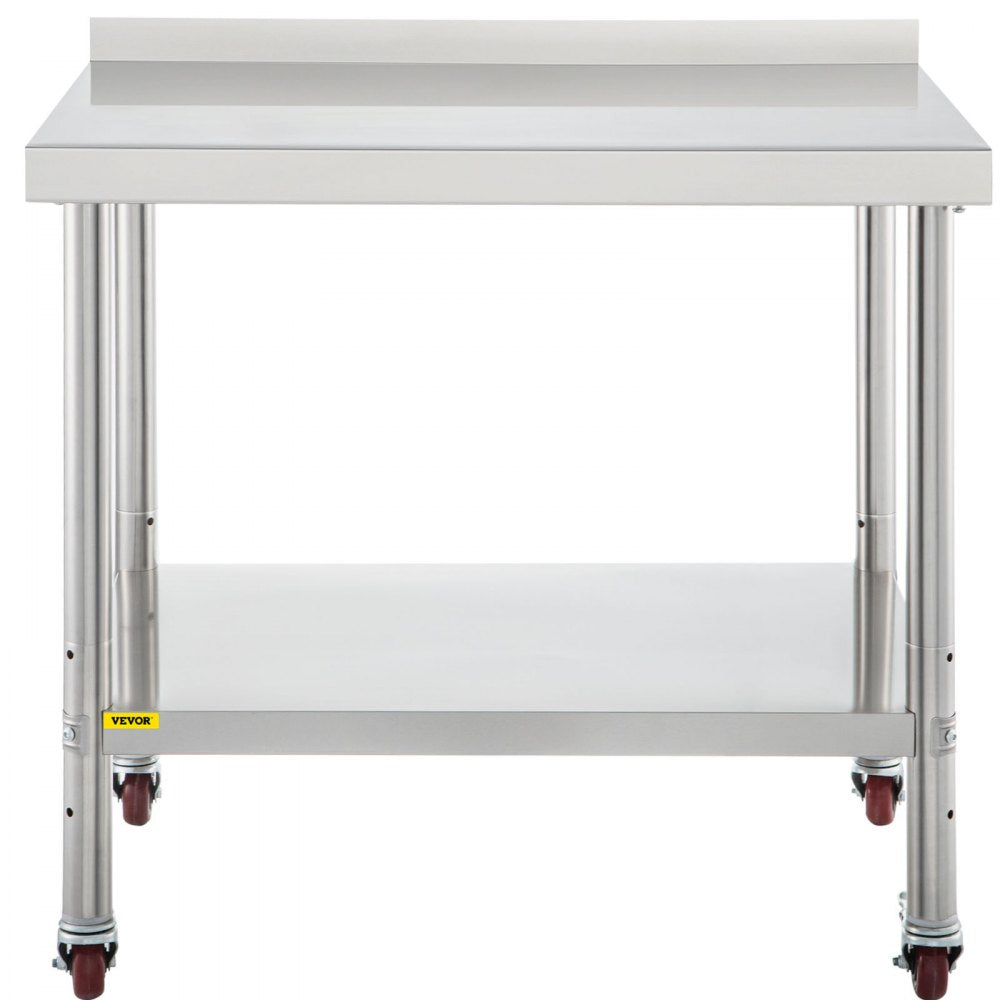 VEVOR Stainless Steel Prep Table, 30 x 24 x 35 Inch, 440lbs Load Capacity Heavy Duty Metal Worktable with Backsplash Adjustable Undershelf & 4 Casters, Commercial Workstation for Kitchen Restaurant