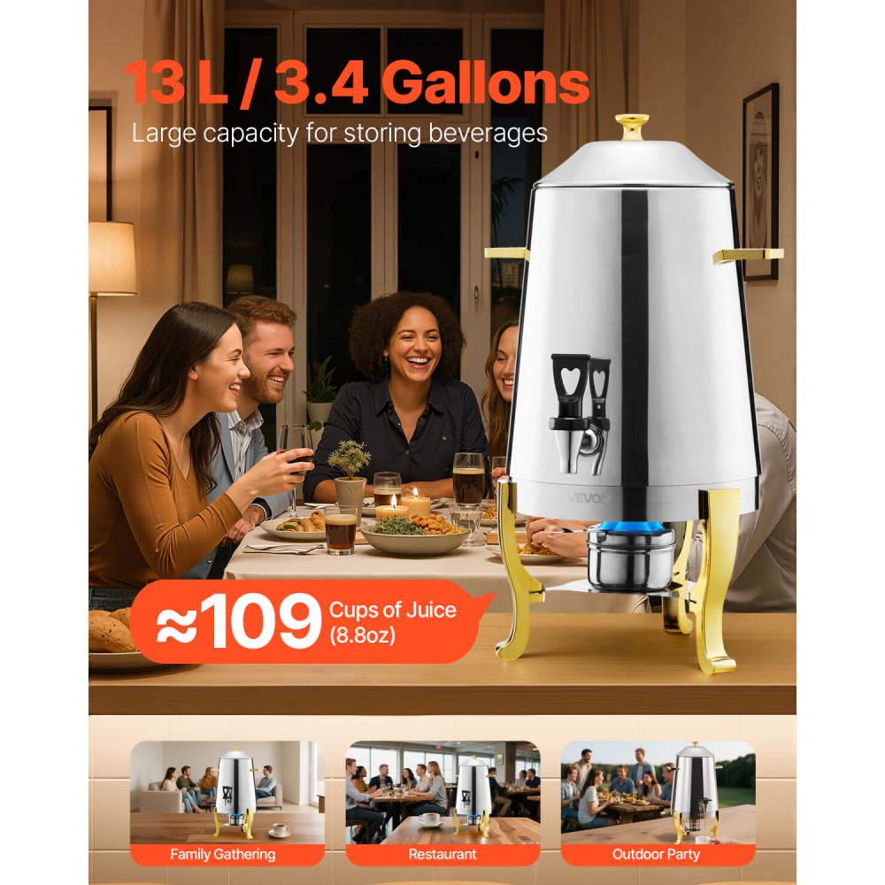 VEVOR Stainless Steel Beverage Dispenser, 3.4 Gallon Drink Dispenser  with Alcohol Burner, Hot & Cold Drink Dispensers with Spigot for Coffee Tea Hot Water, Ideal for Restaurants, Hotels, Parties