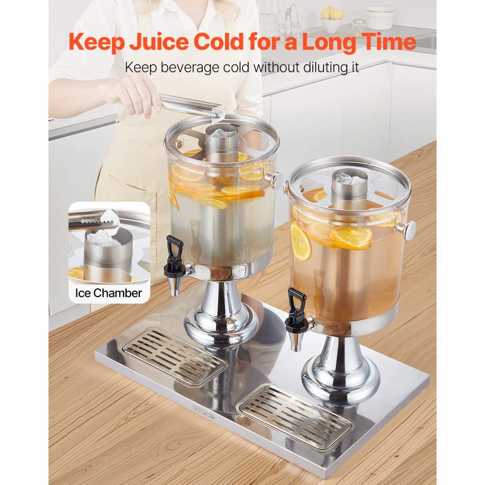 VEVOR Beverage Dispenser, 2.1 Gallon x 2 Drink Dispenser for Parties, Stainless Steel + Plastic Juice Dispensers with Spigot Ice Chamber Tray, Iced Tea Lemonade Dispensers, for Restaurants, Hotels
