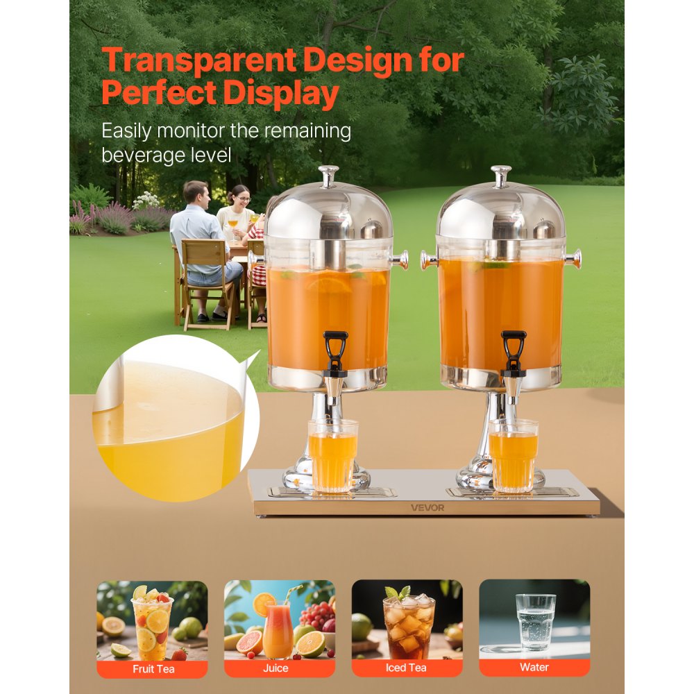 VEVOR Beverage Dispenser, 2.1 Gallon x 2 Drink Dispenser for Parties, Stainless Steel + Plastic Juice Dispensers with Spigot Ice Chamber Tray, Iced Tea Lemonade Dispensers, for Restaurants, Hotels