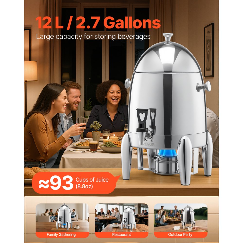 VEVOR Stainless Steel Beverage Dispenser, 2.7 Gallon Drink Dispenser  with Alcohol Burner, Hot & Cold Drink Dispensers for Coffee Tea Hot Water, with Spigot Ice Tube, for Restaurants, Hotels, Parties
