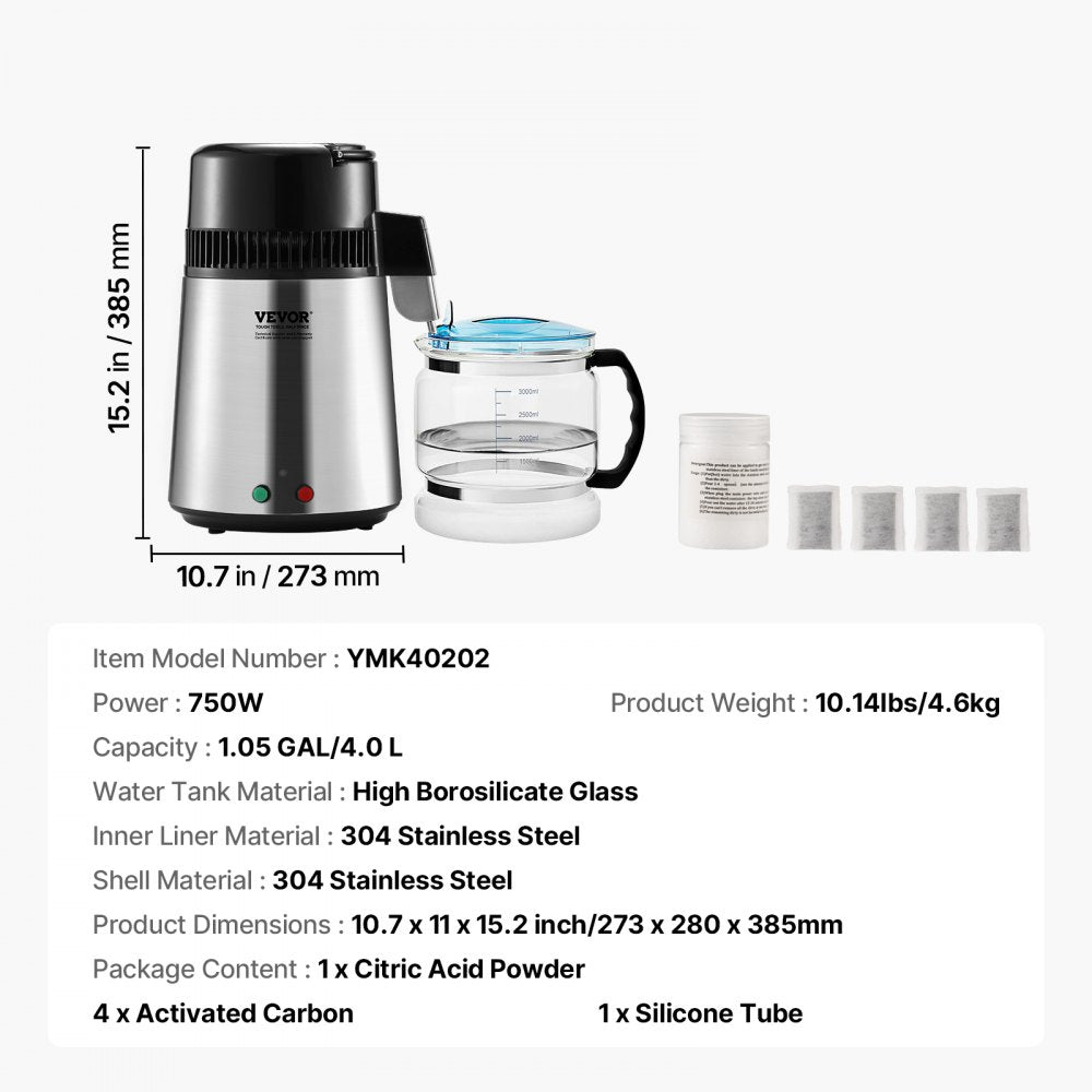 VEVOR Water Distiller, 4L 1.05 Gallon Pure Water Purifier Filter For Home Countertop, 750W Distilled Water Maker, Stainless Steel Interior Distiller Water Making Machine to Make Clean Water, Silvery