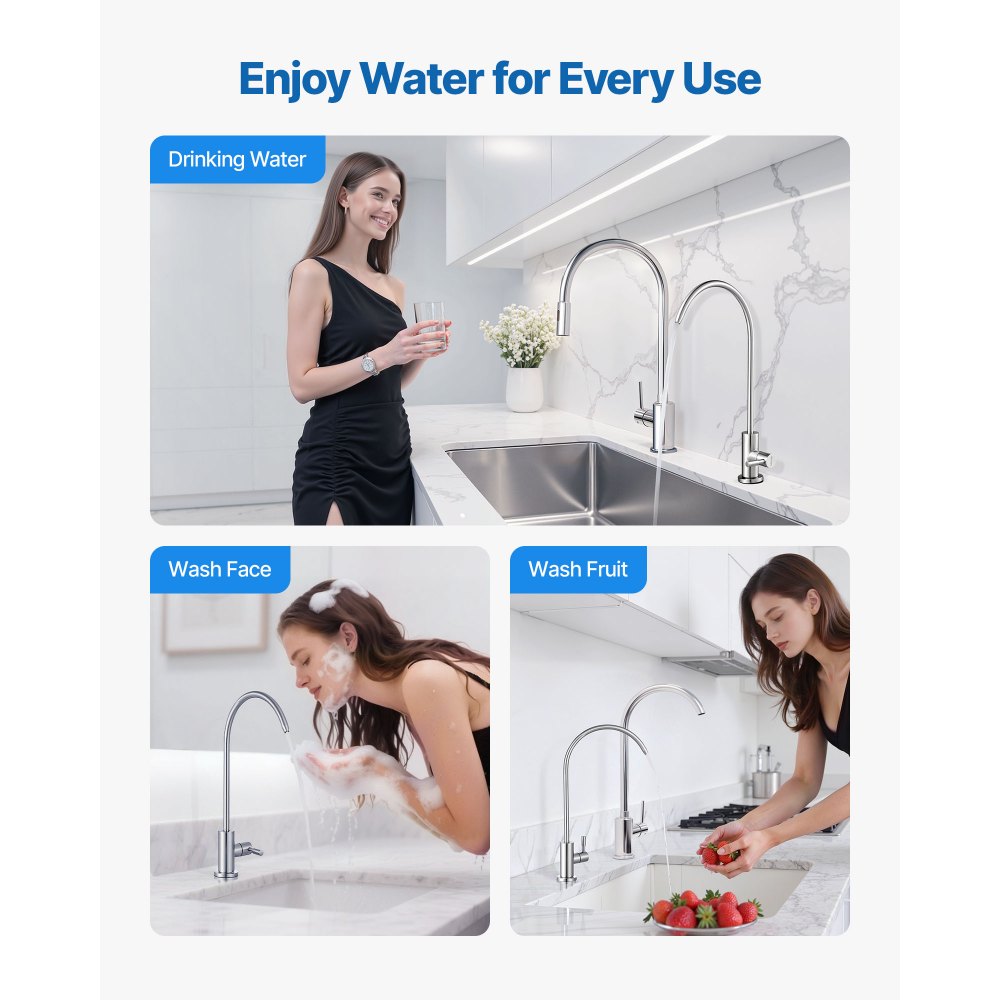 VEVOR Stainless Steel Faucet, Lead-Free Drinking Water Faucets, Reverse Osmosis Faucet with Solid Brass Valve, High Arch Filtered Water Faucets For Kitchen Sink, Bar Counter, Cafe Shop, Brushed Nickel