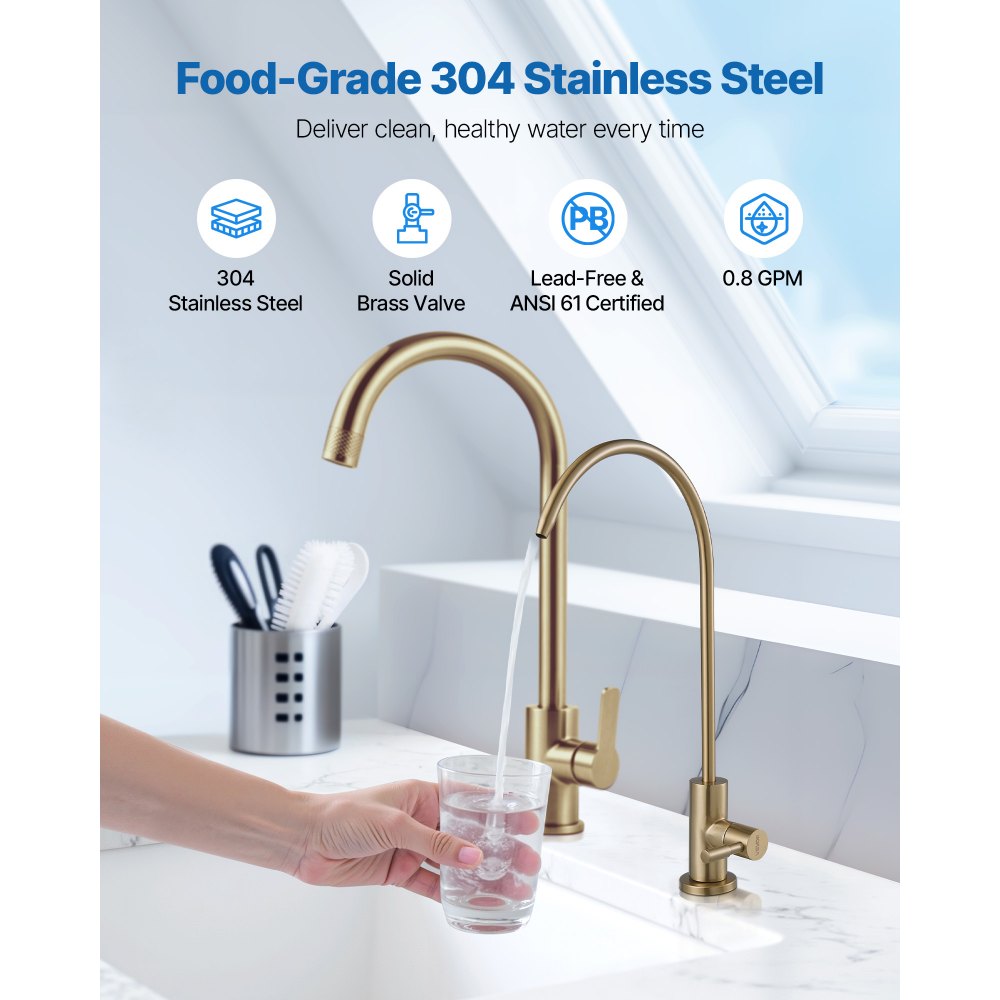 VEVOR Stainless Steel Faucet, Lead-Free Water Purifier Faucet, Filter Water Faucets With Solid Brass Valve, Anti-Rust & Durability Ro Water Faucets For Kitchen, Bar Counter, Cafe Shop, Brushed Gold