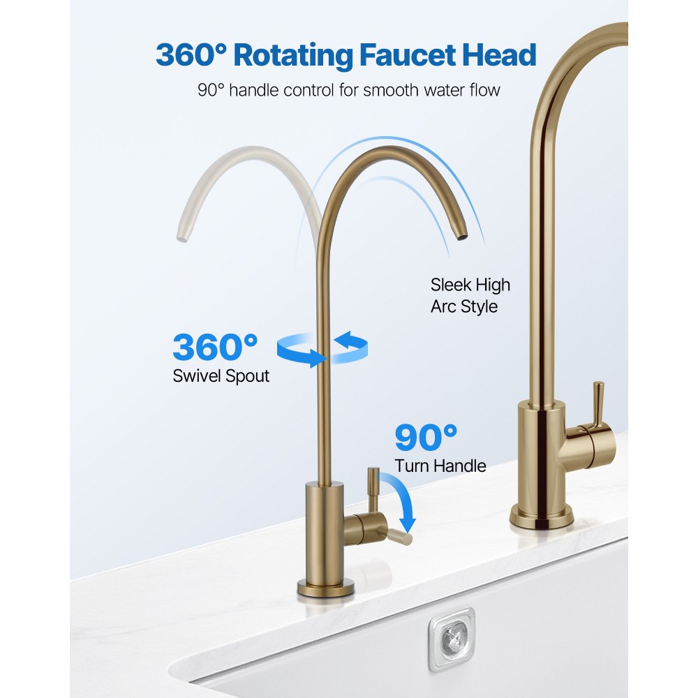 VEVOR Stainless Steel Faucet, Lead-Free Water Purifier Faucet, Filter Water Faucets With Solid Brass Valve, Anti-Rust & Durability Ro Water Faucets For Kitchen, Bar Counter, Cafe Shop, Brushed Gold