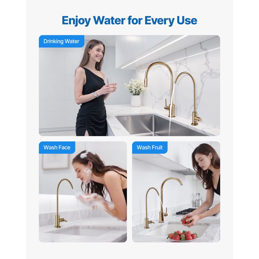 VEVOR Stainless Steel Faucet, Lead-Free Water Purifier Faucet, Filter Water Faucets With Solid Brass Valve, Anti-Rust & Durability Ro Water Faucets For Kitchen, Bar Counter, Cafe Shop, Brushed Gold