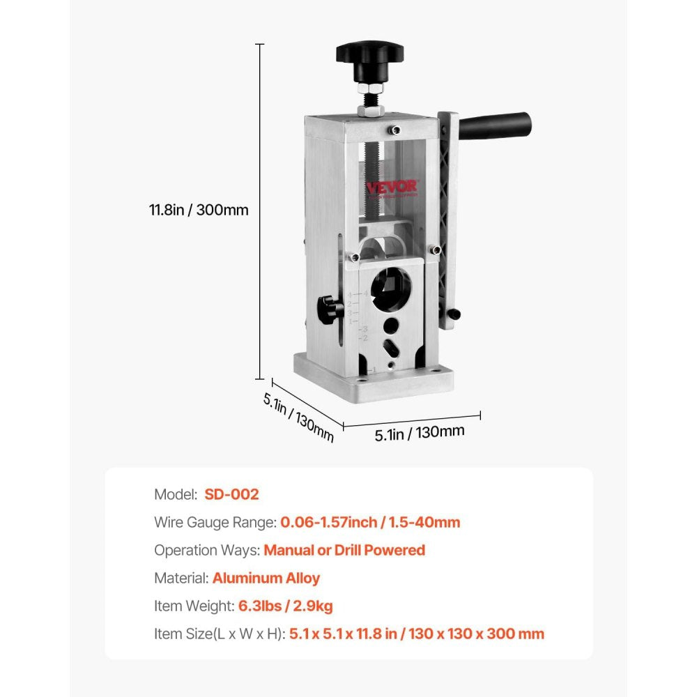 VEVOR Hand-Operated Wire Stripper, 0.06''-1.5'' Cable Removal Tool, Drill Attachment Option, Clear Depth Gauge, Lightweight Aluminum Build for Efficient Copper Scrap Processing