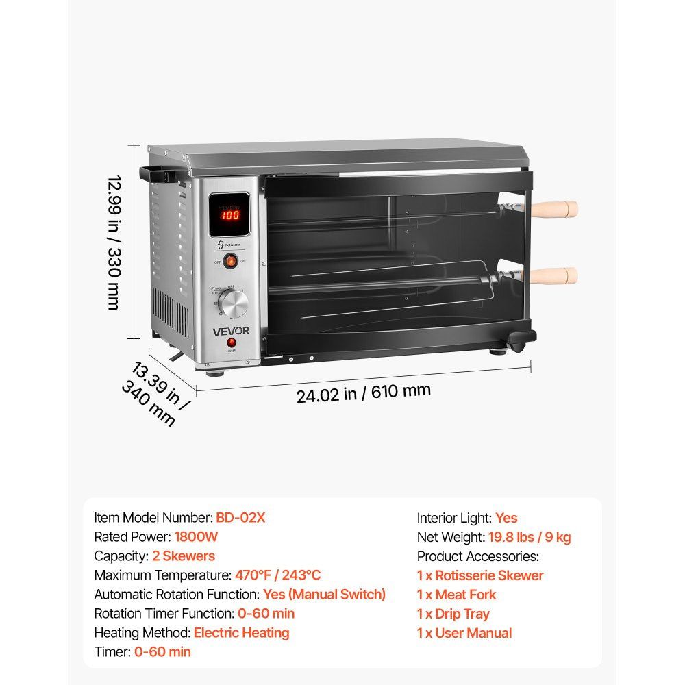VEVOR Countertop Vertical Oven Brazilian Flame 2 Auto Rotating Skewers, for Steak, Fish, Lamb Leg, 1800W Rotisserie Shawarma Machine, Electric Meat Kebab Grill, with Curved Glass Door, Drip Tray