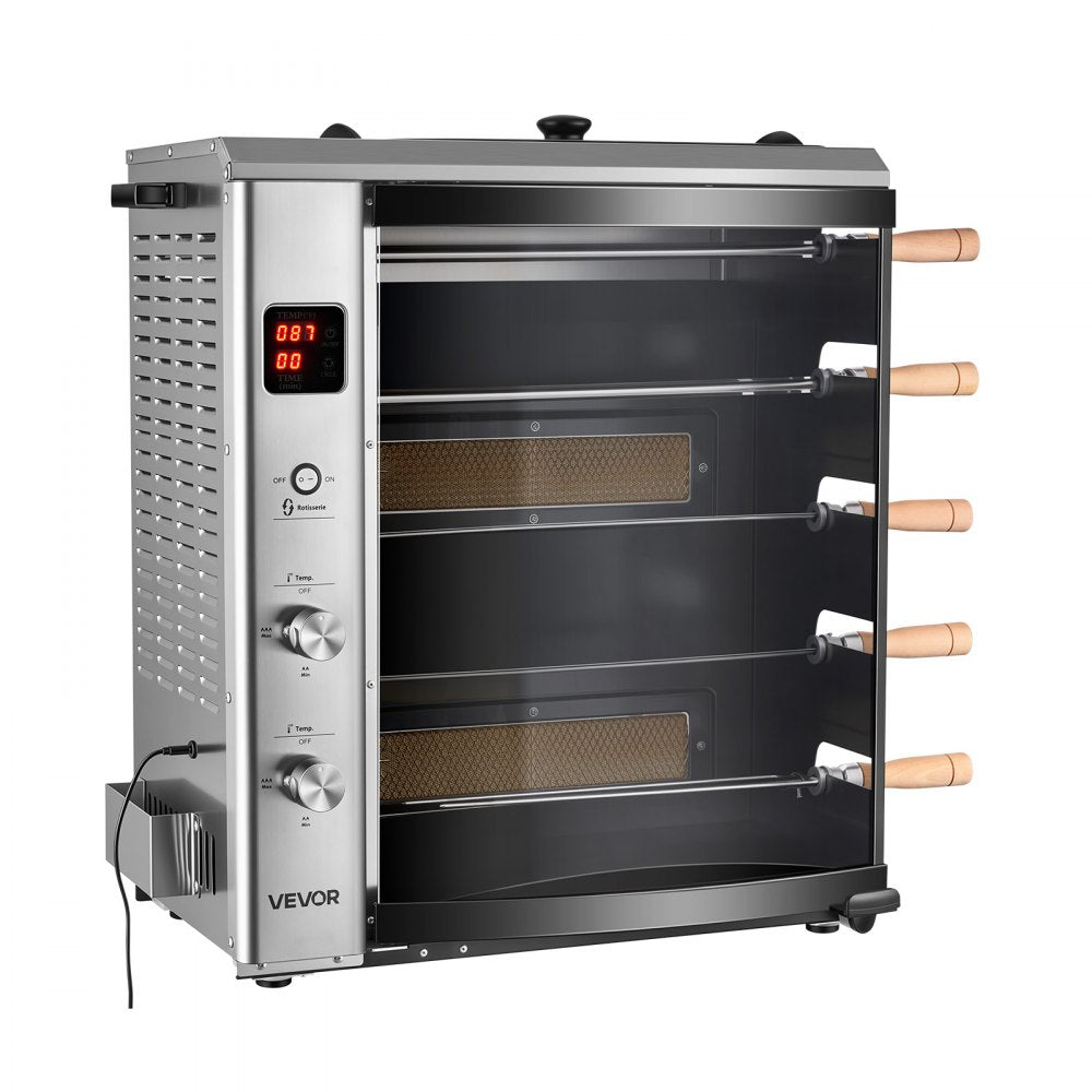 VEVOR Countertop Vertical Oven Brazilian Flame 5 Auto Rotating Skewers, for Steak, Fish, Lamb Leg, Outdoor Gas Heating Rotisserie Shawarma Machine, Meat Kebab Grill, with Curved Glass Door