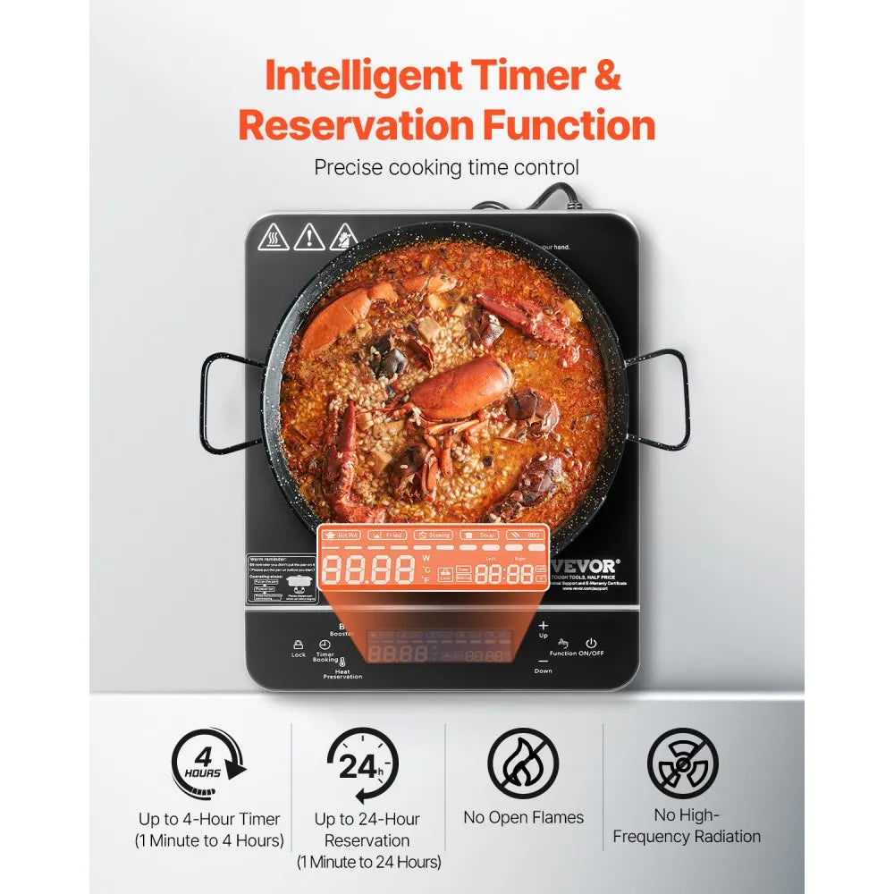 VEVOR Portable Induction Cooktop, 1500W Electric Induction Burner with 9 Temperature Settings, Countertop Induction Hot Plate with 4H Timer, 24H Reservation, Child Lock, Easy to Clean, for Cooking