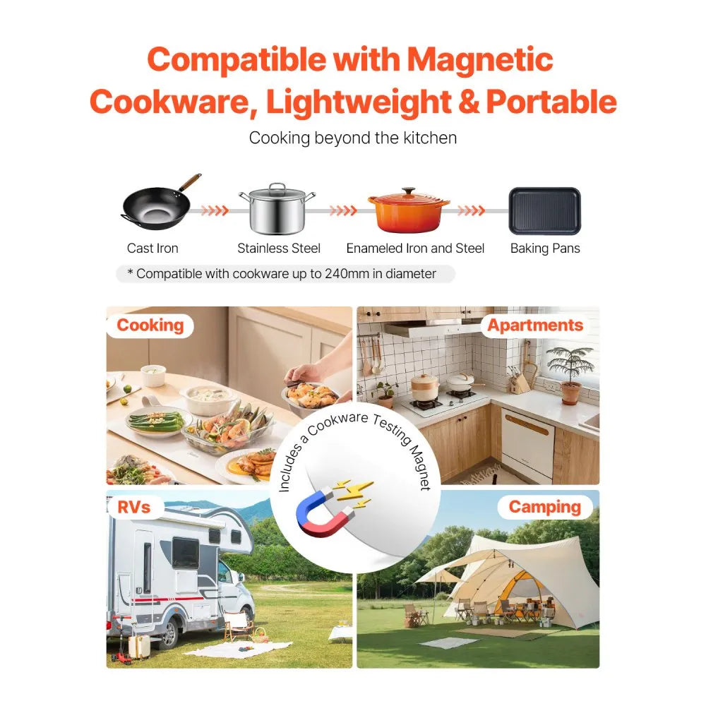 VEVOR Portable Induction Cooktop, 1500W Electric Induction Burner with 9 Temperature Settings, Countertop Induction Hot Plate with 4H Timer, 24H Reservation, Child Lock, Easy to Clean, for Cooking