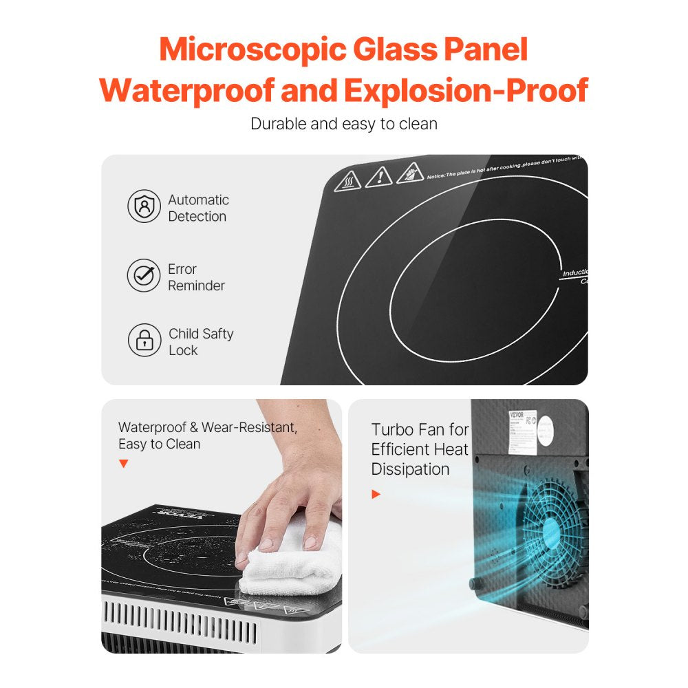 VEVOR Portable Induction Cooktop, 1500W Electric Induction Burner with 9 Temperature Settings, Countertop Induction Hot Plate with 4H Timer, 24H Reservation, Child Lock, Easy to Clean, for Cooking