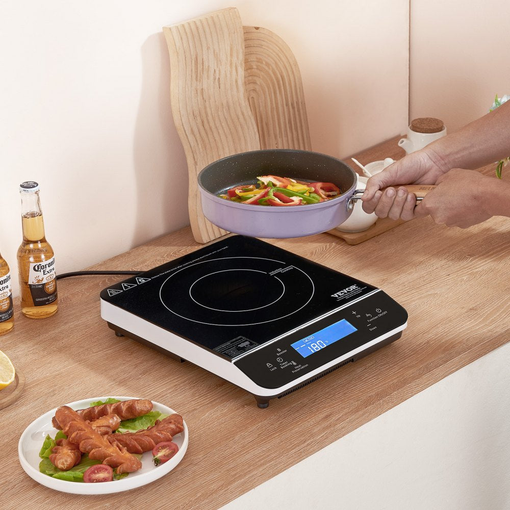 VEVOR Portable Induction Cooktop, 1800W Electric Induction Burner with 9 Temperature Settings, Countertop Induction Hot Plate with 4H Timer, 24H Reservation, Child Lock, Easy to Clean, for Cooking