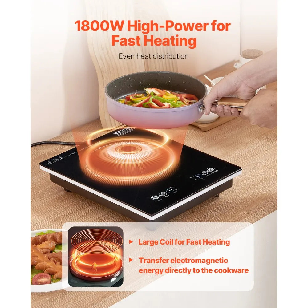 VEVOR Portable Induction Cooktop, 1800W Electric Induction Burner with 9 Temperature Settings, Countertop Induction Hot Plate with 3H Timer, Child Lock, Easy to Clean, for Home Kitchen Cooking