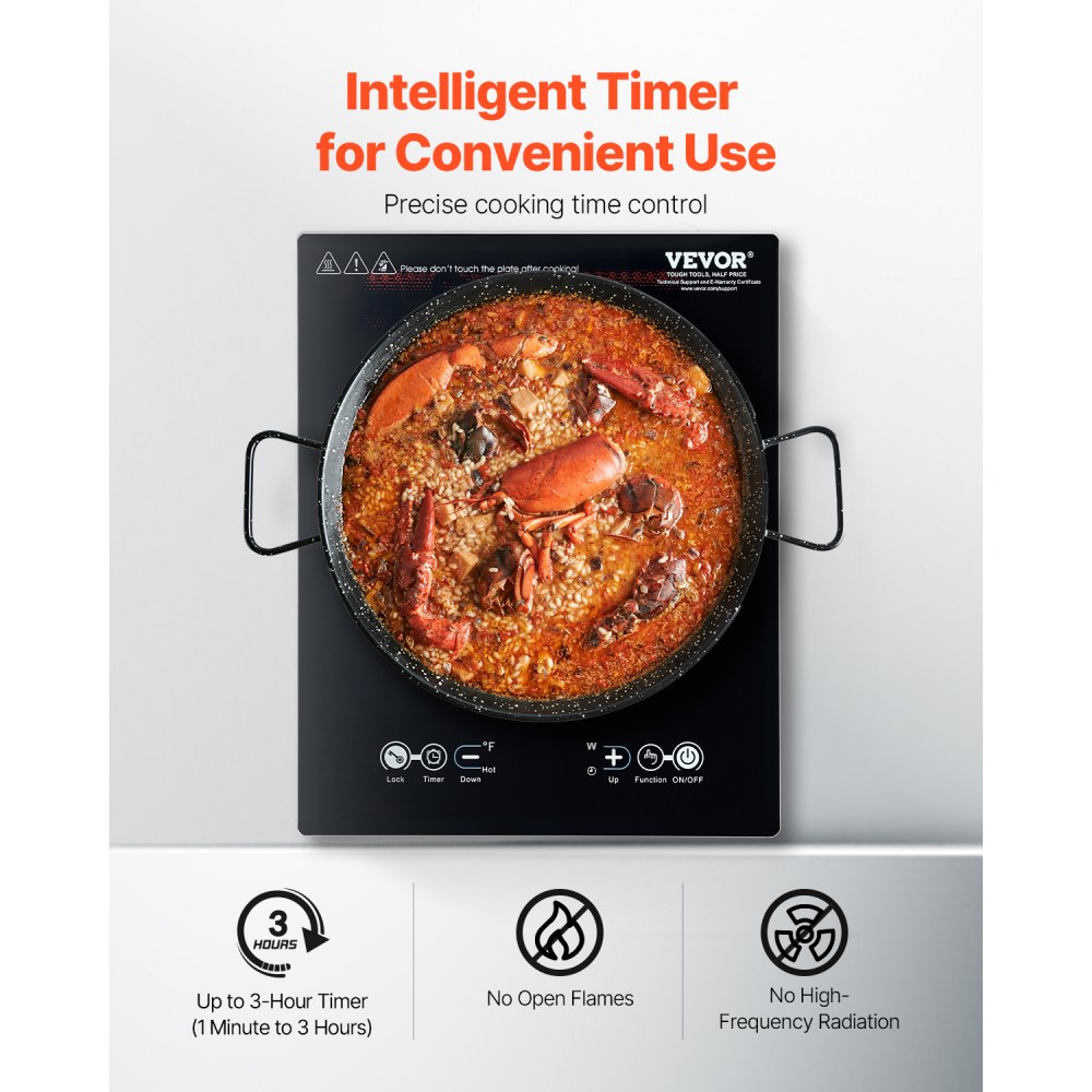 VEVOR Portable Induction Cooktop, 1800W Electric Induction Burner with 9 Temperature Settings, Countertop Induction Hot Plate with 3H Timer, Child Lock, Easy to Clean, for Home Kitchen Cooking
