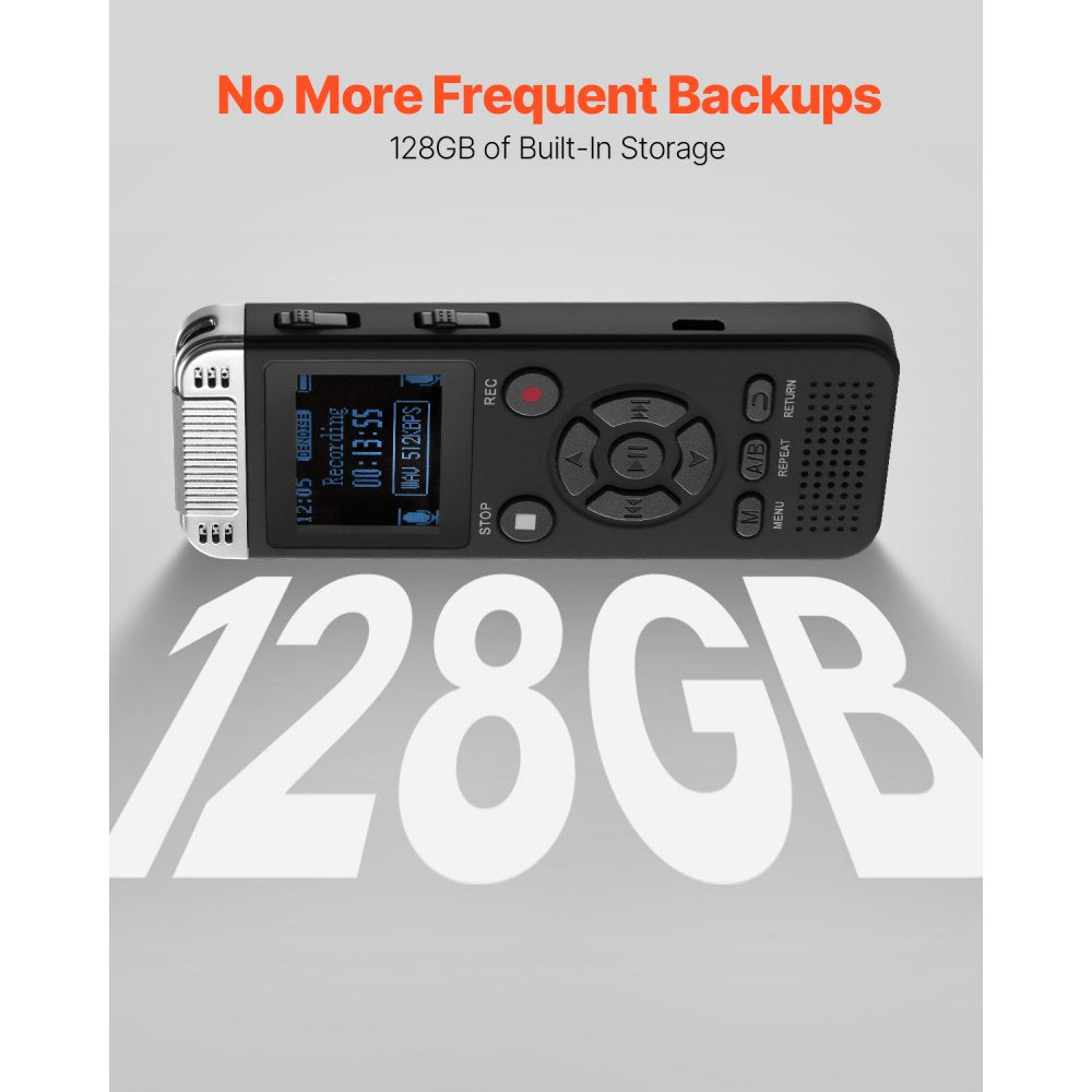 VEVOR Digital Voice Recorder, 128GB, Voice Activated Recorder with Playback, Audio Recording Device with Password USB, 8730 Hours of Storage 40 Hours of Continuous Recording, for Lectures, Meetings