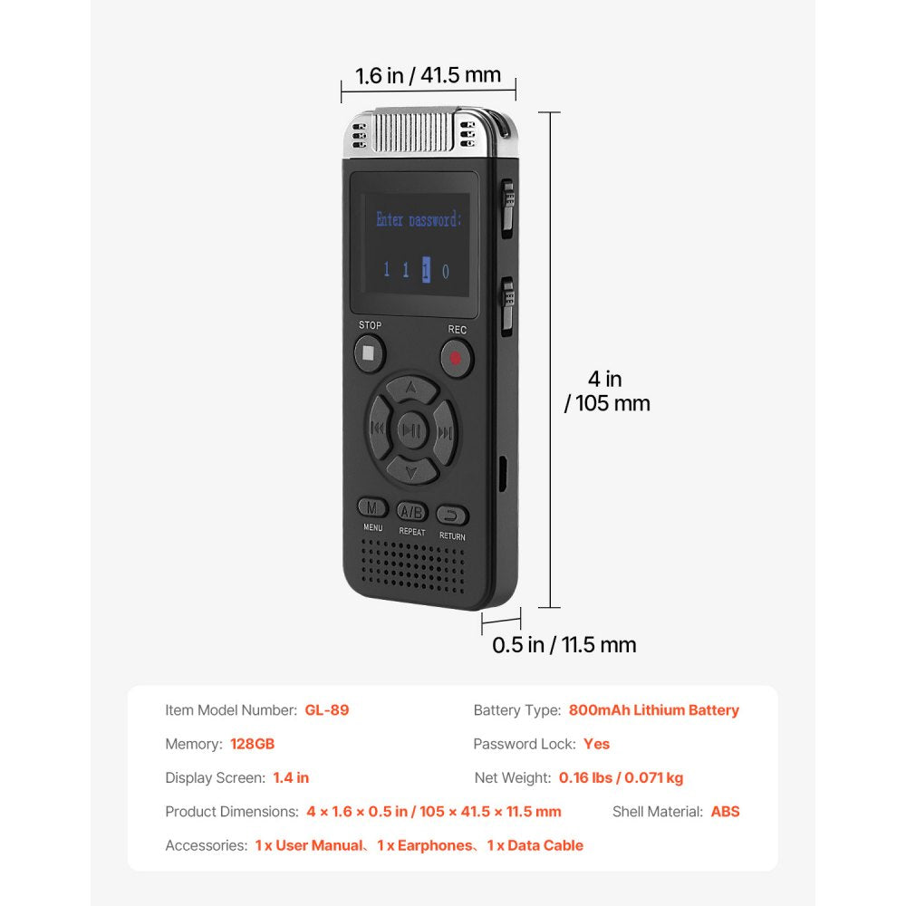 VEVOR Digital Voice Recorder, 128GB, Voice Activated Recorder with Playback, Audio Recording Device with Password USB, 8730 Hours of Storage 40 Hours of Continuous Recording, for Lectures, Meetings