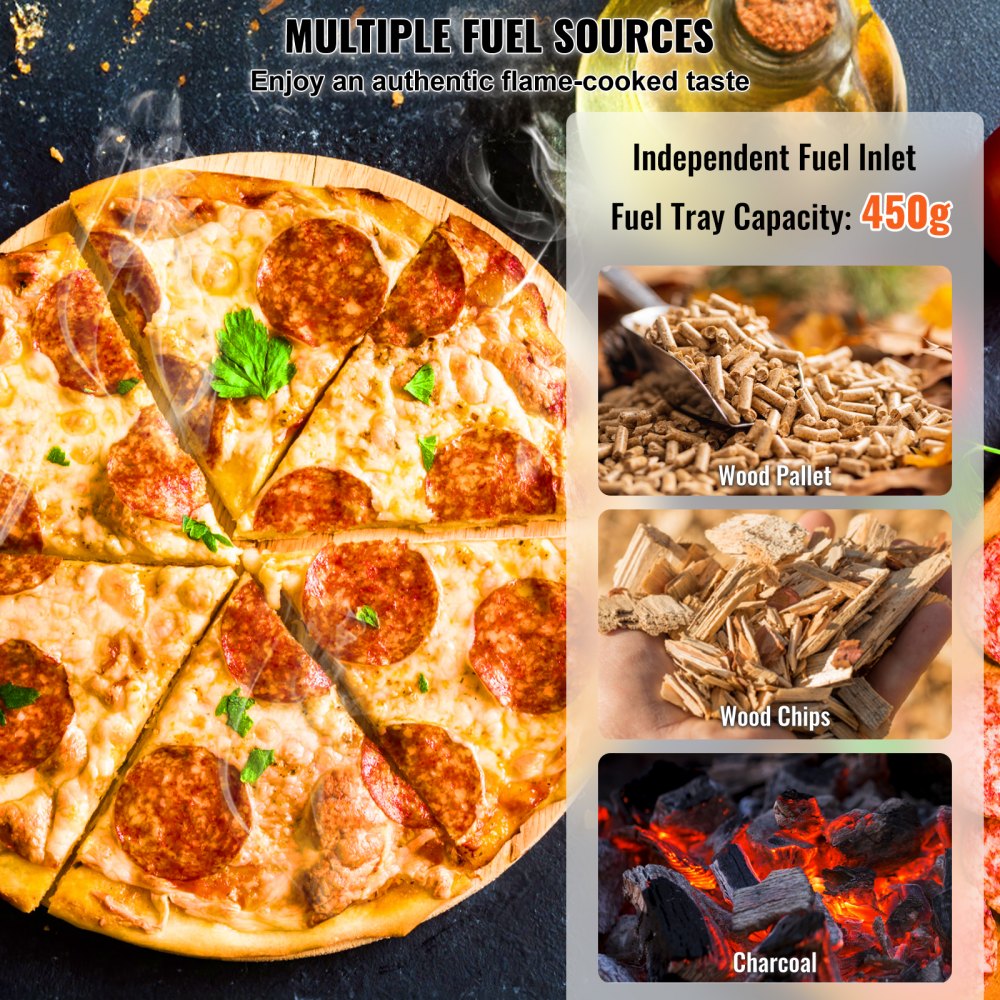 VEVOR Portable Outdoor Oven, 12-inch Pizza Oven, Pellet & Chips & Charcoal Tri-Fuel, Stainless Steel Pizza Grill, Includes Pizza Stone, Waterproof Cover, Shovel, Ideal for Camping & Backyard, Silver
