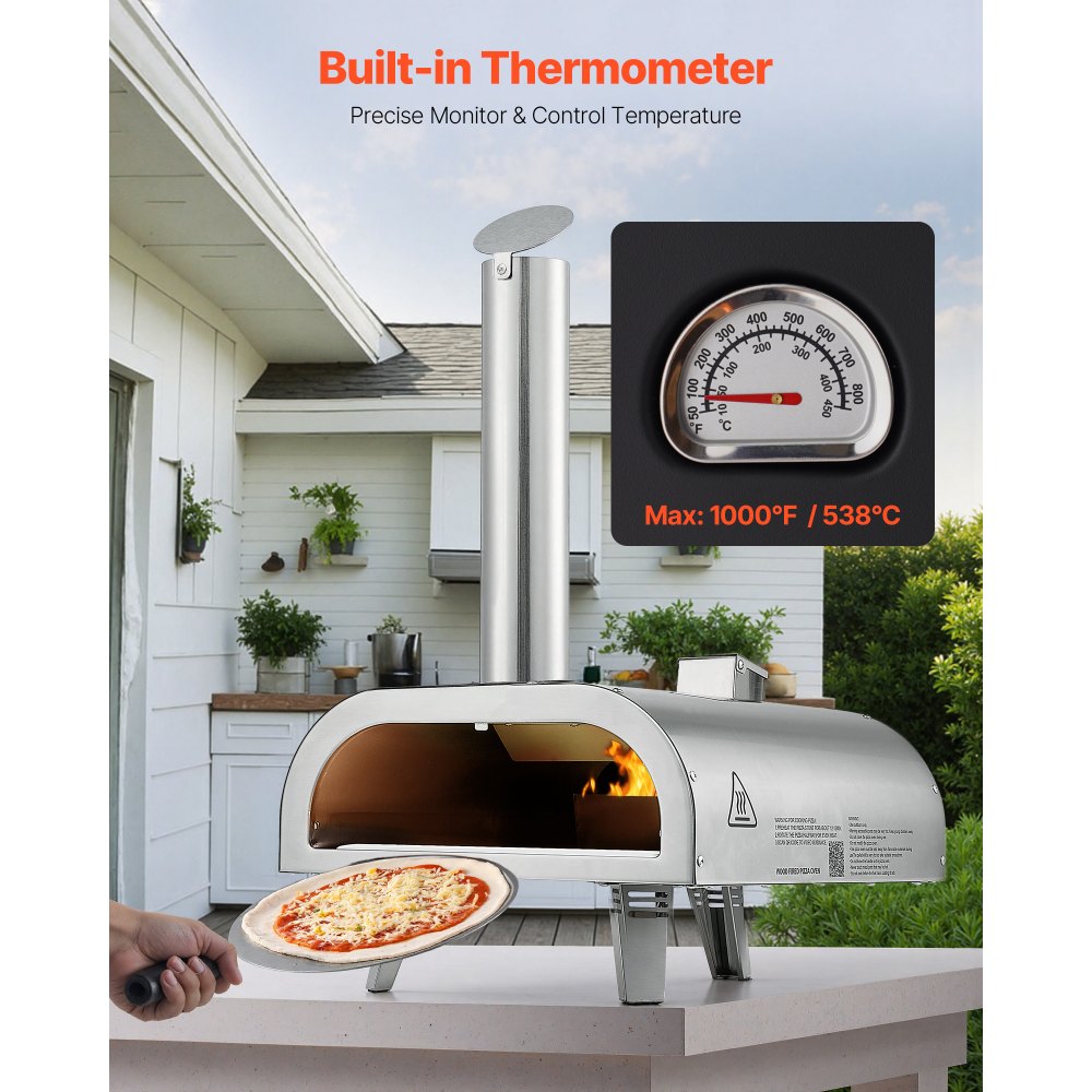 VEVOR Pizza Oven Outdoor, 12" Pellet Pizza Oven, Portable Pizza-Stove with Built-in Thermometer, Wood Fired Stainless Steel Pizza-Maker, for Backyard, Camping, Pizza-Stone, Shovel, Carry Bag, Silver