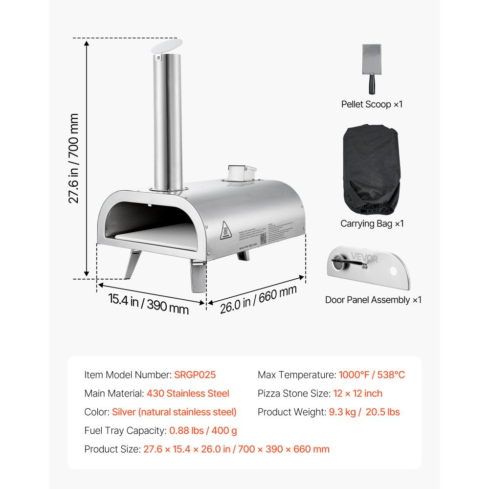 VEVOR Pizza Oven Outdoor, 12" Pellet Pizza Oven, Portable Pizza-Stove with Built-in Thermometer, Wood Fired Stainless Steel Pizza-Maker, for Backyard, Camping, Pizza-Stone, Shovel, Carry Bag, Silver