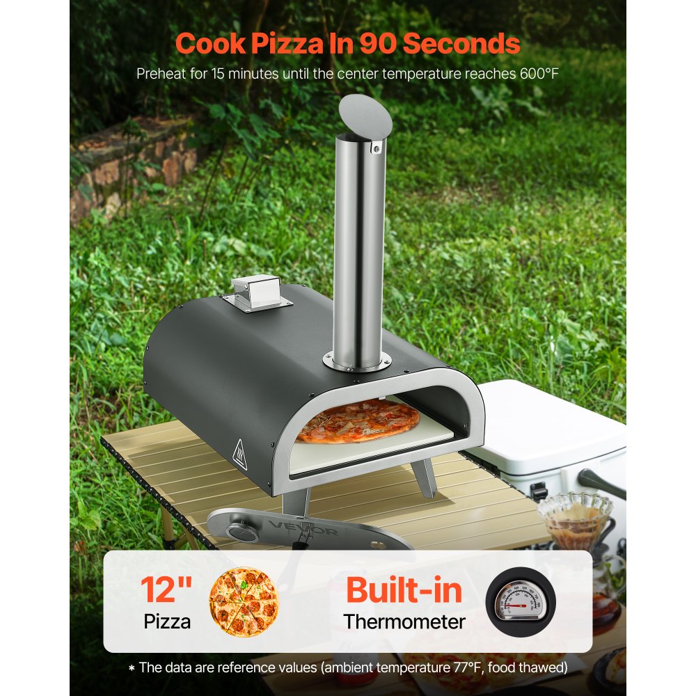 VEVOR Outdoor Pizza Oven, 12 Inch Wood Fired Pizza Ovens, Pellet Pizza-Stove with Thermometer, Portable Pizza-Maker for Outside Backyard Patio Camping, Pizza-Stone, Carry Bag, Shovel, Black