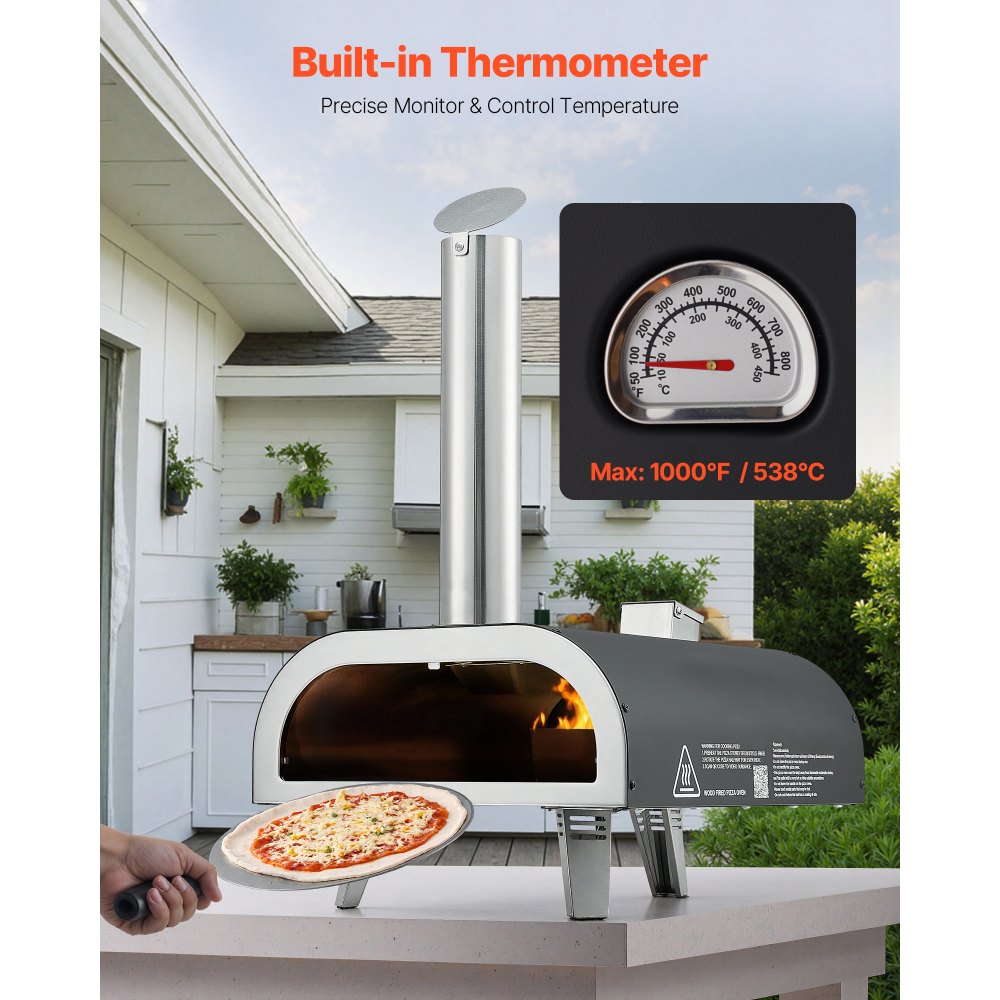 VEVOR Outdoor Pizza Oven, 12 Inch Wood Fired Pizza Ovens, Pellet Pizza-Stove with Thermometer, Portable Pizza-Maker for Outside Backyard Patio Camping, Pizza-Stone, Carry Bag, Shovel, Black