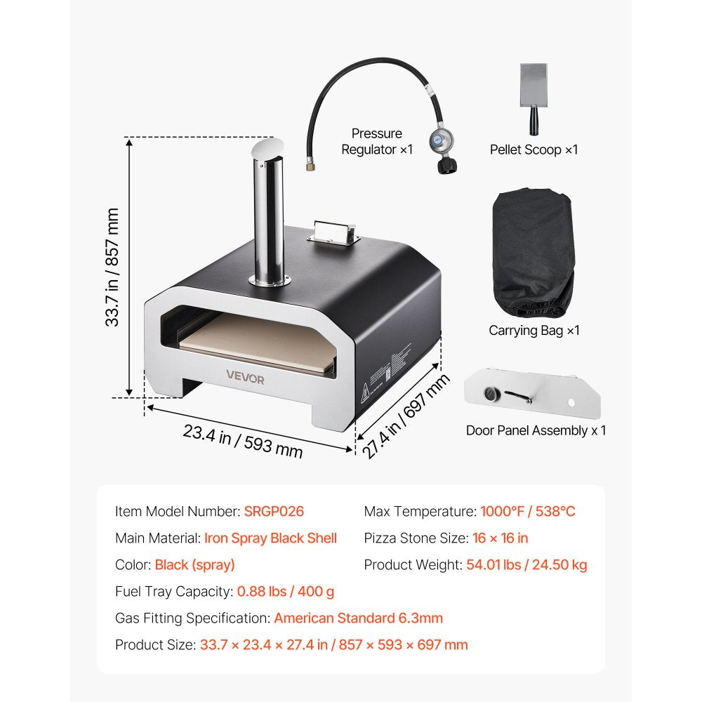 VEVOR dual fuel pizza oven dimensions and included accessories overview