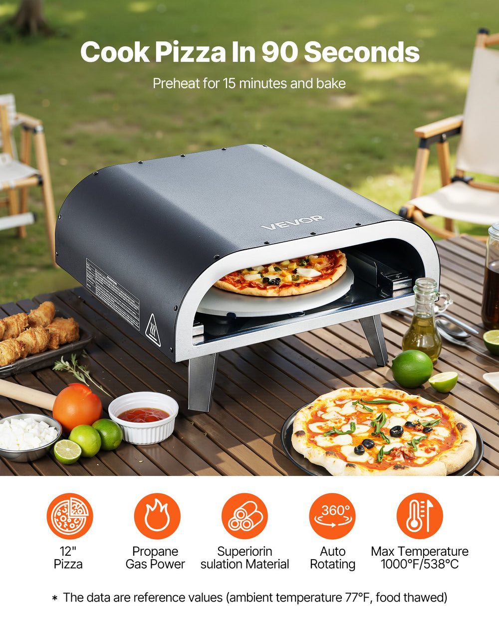 VEVOR Outdoor Pizza Oven, 12 in Propane Gas Pizza Maker, Portable Pizza-Cooker with Electric Rotation, Thickened Pizza-Stone, Carry Bag, Propane Pizza-Oven for Outside Backyard Patio Camping, Black