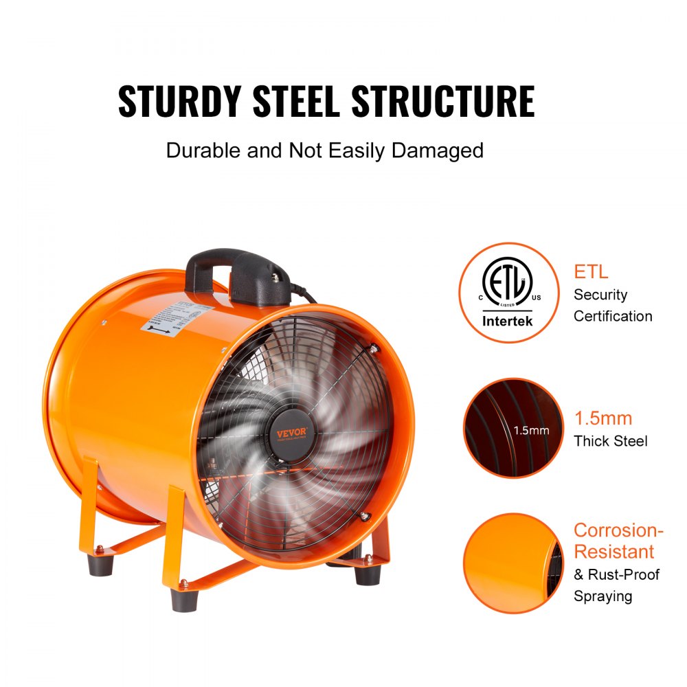 VEVOR Portable Ventilator, 10 inch Heavy Duty Cylinder Fan with 33ft Duct Hose, 380W Strong Shop Exhaust Blower 1893FM, Industrial Utility Blower for Sucking Dust, Smoke, Smoke Home/Workplace