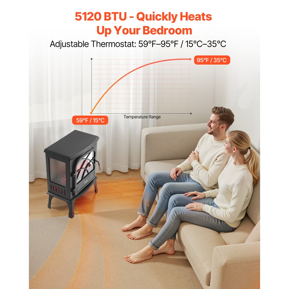 VEVOR 25.5inch Freestanding Fireplaces, 1500W 5120BTU Portable Electric Fireplace Stove Heater, with Overheating Protection,Adjustable Flames,Timer, Remote,for Living Room,Bedroom,Black