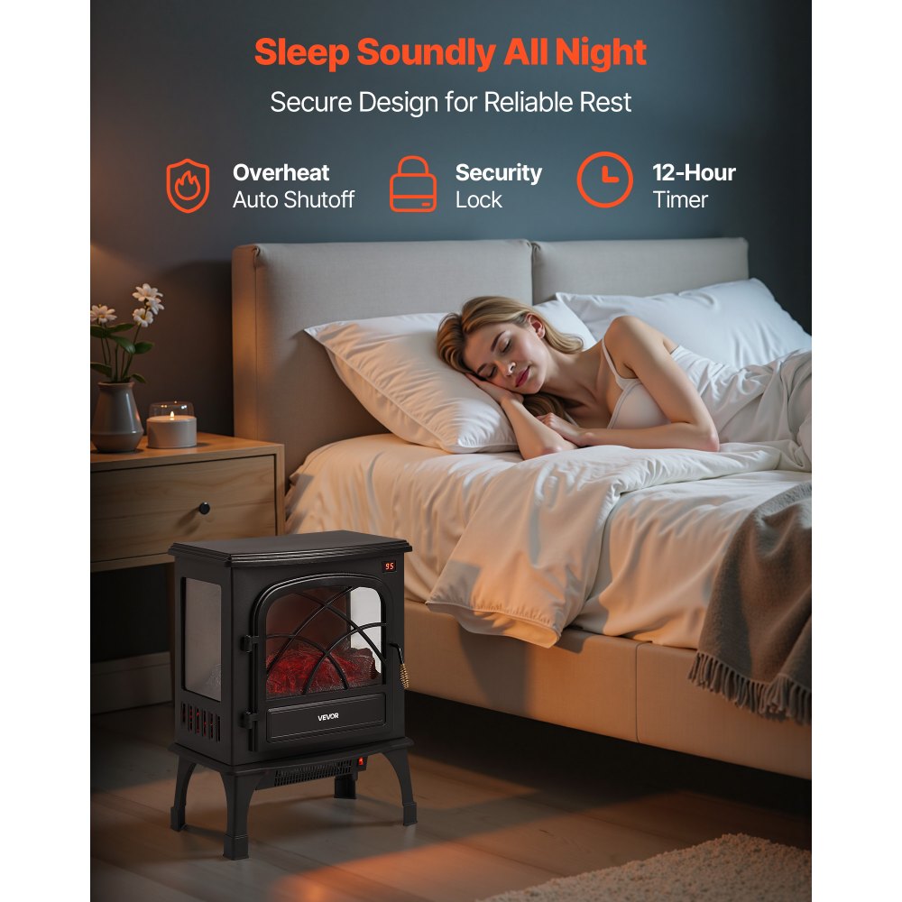 VEVOR 25.5inch Freestanding Fireplaces, 1500W 5120BTU Portable Electric Fireplace Stove Heater, with Overheating Protection,Adjustable Flames,Timer, Remote,for Living Room,Bedroom,Black