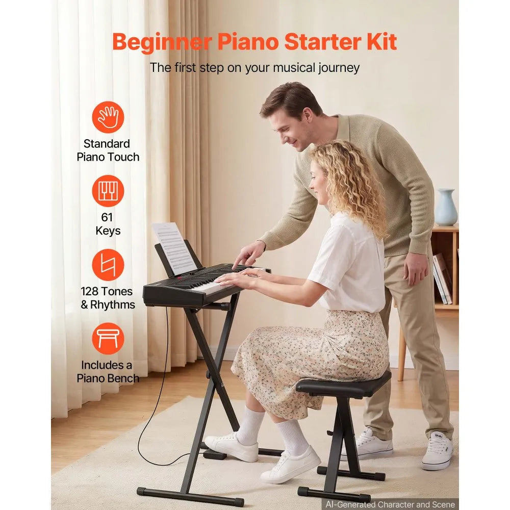 VEVOR Digital Piano 61 Keys Semi Weighted Keyboard Portable Stand Bench, for Beginners, 128 Tones, 128 Rhythms, Dual Power Supply Electronic Piano, with Pedal, Headphone Jack, USB/MIDI, Music Stand