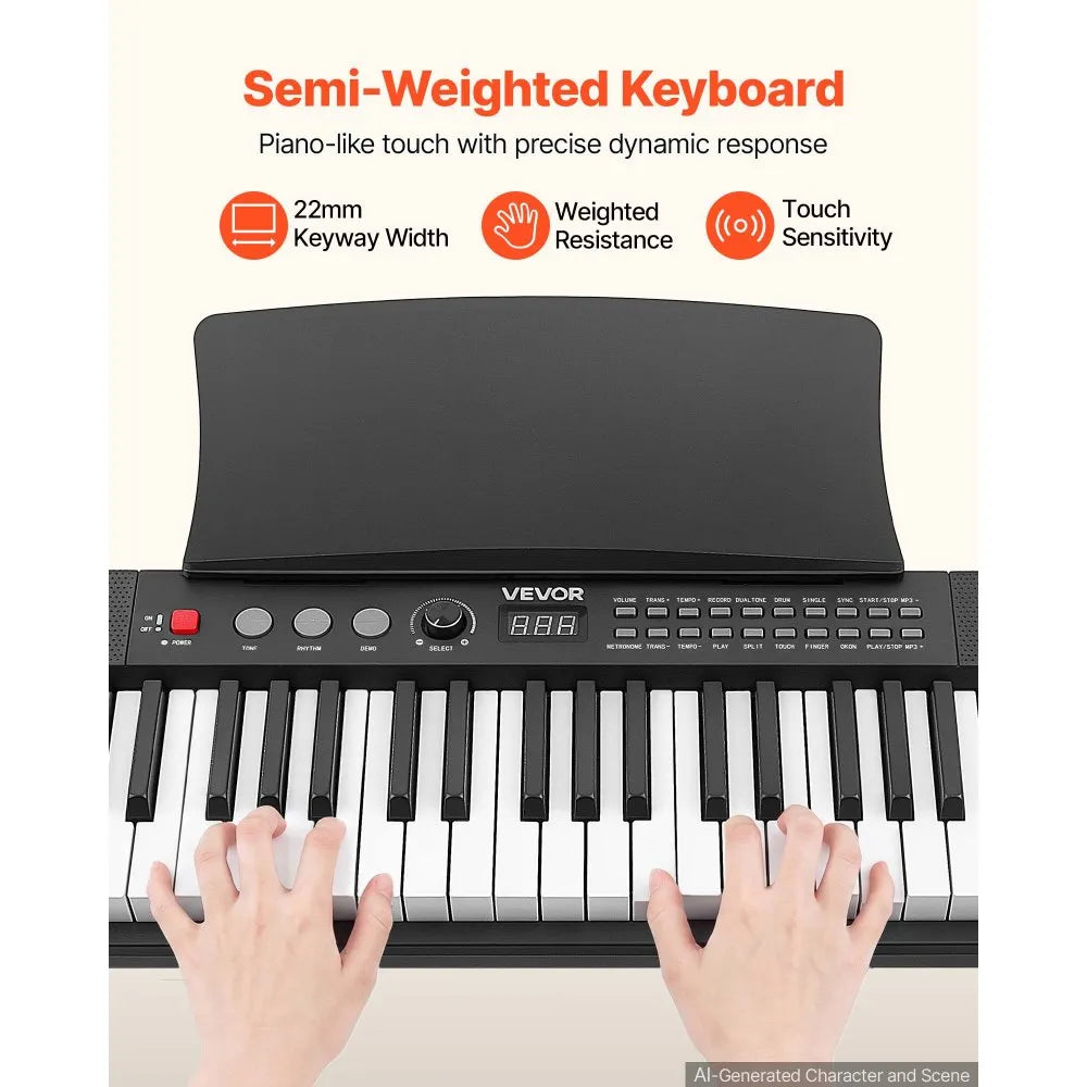 VEVOR Digital Piano 61 Keys Semi Weighted Keyboard Portable Stand Bench, for Beginners, 128 Tones, 128 Rhythms, Dual Power Supply Electronic Piano, with Pedal, Headphone Jack, USB/MIDI, Music Stand