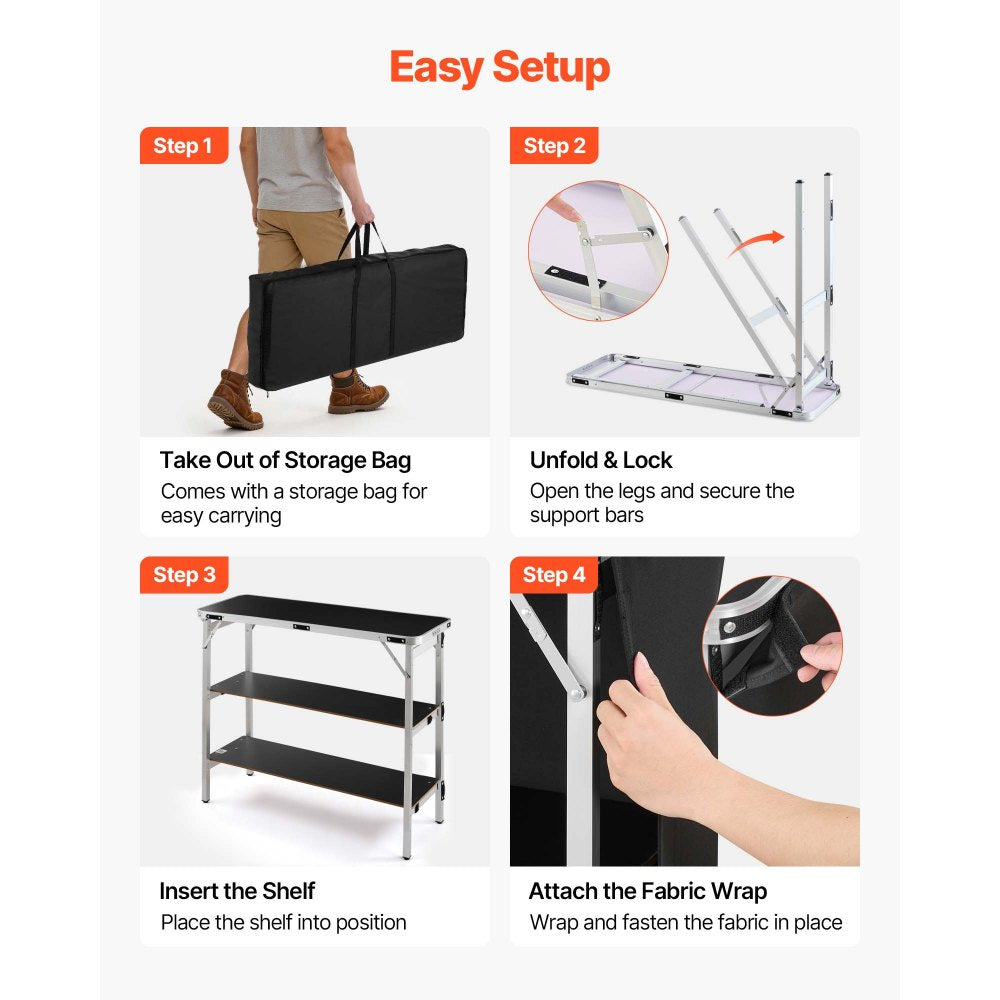 VEVOR Folding Portable Bar Table, 43.3 x 15.2 x 34.8 in, with Carry Bag, 2 Storage Shelves, and Detachable Skirt, Quick and Easy Setup, Foldable Mobile Bartending Station for Events, Party, Tradeshow