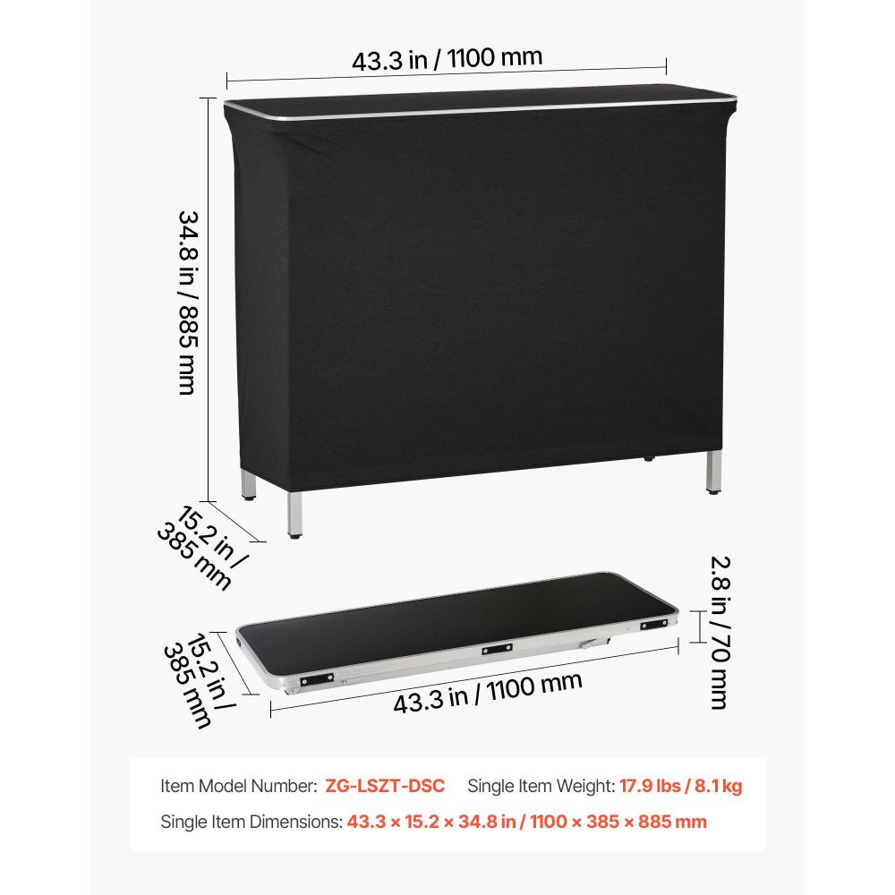 VEVOR Folding Portable Bar Table, 43.3 x 15.2 x 34.8 in, with Carry Bag, 2 Storage Shelves, and Detachable Skirt, Quick and Easy Setup, Foldable Mobile Bartending Station for Events, Party, Tradeshow