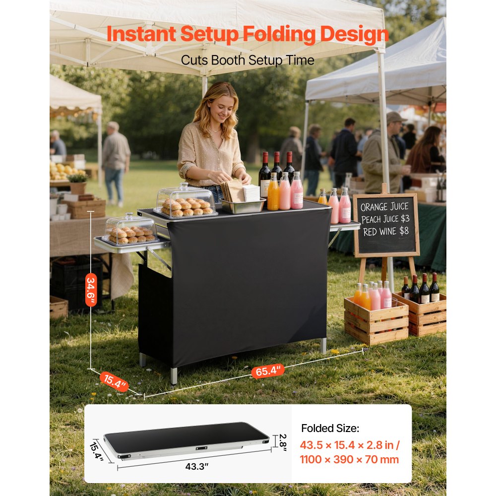 VEVOR Folding Portable Bar Table, 43.3 x 15.4 x 34.6 in, with Carry Bag, Storage Shelf, and Detachable Skirt, Quick and Easy Setup, Foldable Mobile Bartending Station for Events, Party, Tradeshow
