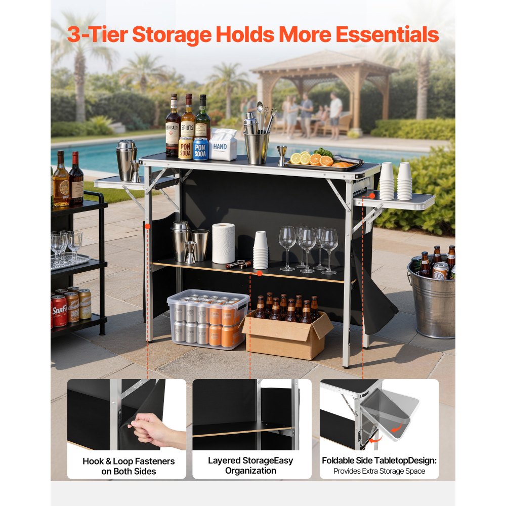 VEVOR Folding Portable Bar Table, 43.3 x 15.4 x 34.6 in, with Carry Bag, Storage Shelf, and Detachable Skirt, Quick and Easy Setup, Foldable Mobile Bartending Station for Events, Party, Tradeshow