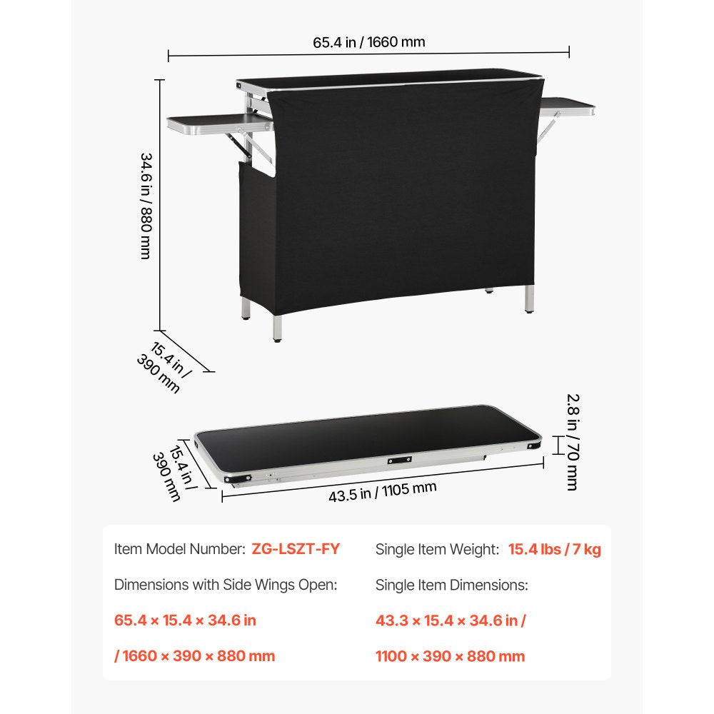 VEVOR Folding Portable Bar Table, 43.3 x 15.4 x 34.6 in, with Carry Bag, Storage Shelf, and Detachable Skirt, Quick and Easy Setup, Foldable Mobile Bartending Station for Events, Party, Tradeshow