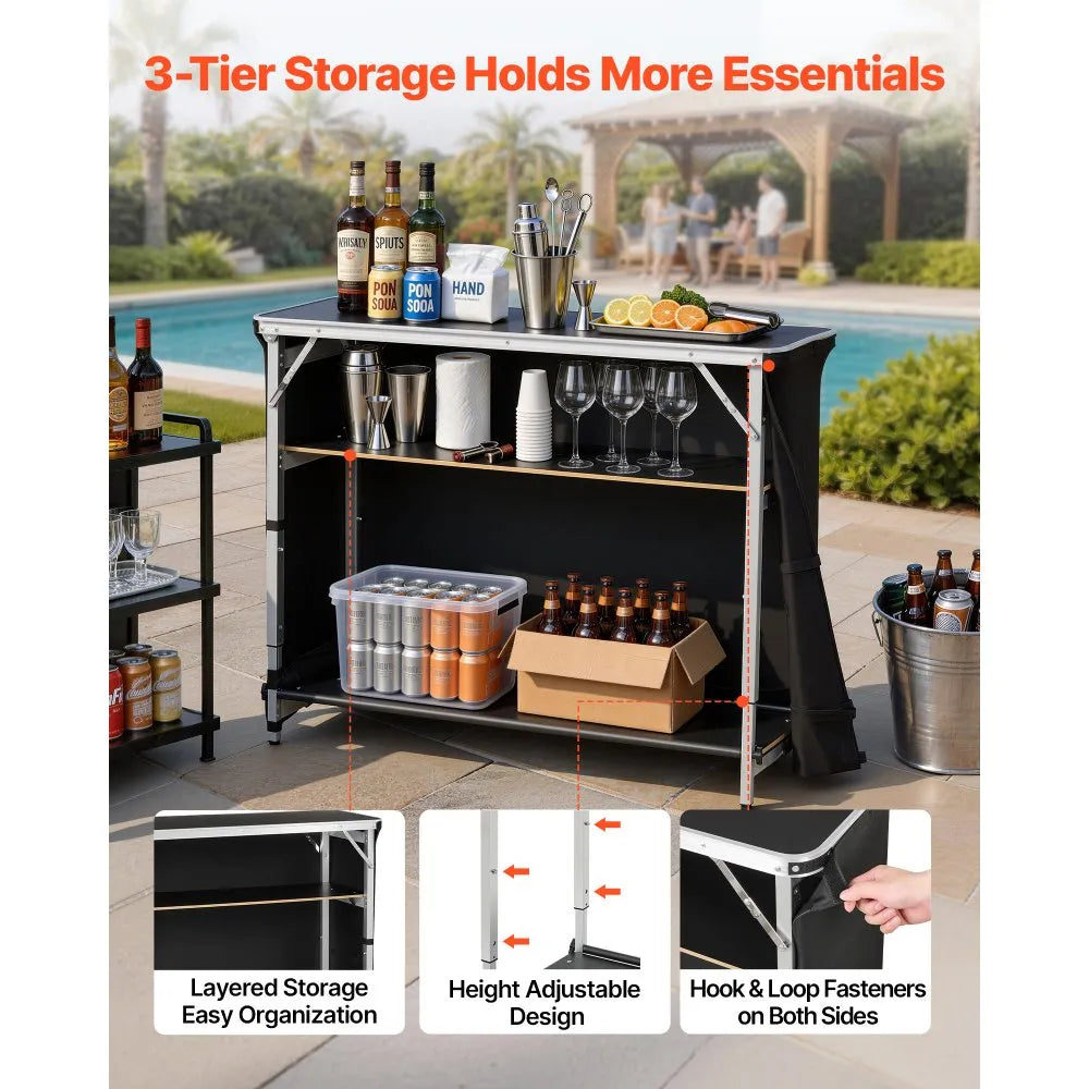VEVOR Folding Portable Bar Table, 43.5 x 15.4 x 39.8 in, with Carry Bag, 2 Storage Shelves, and Detachable Skirt, Quick and Easy Setup, Foldable Mobile Bartending Station for Events, Party, Tradeshow