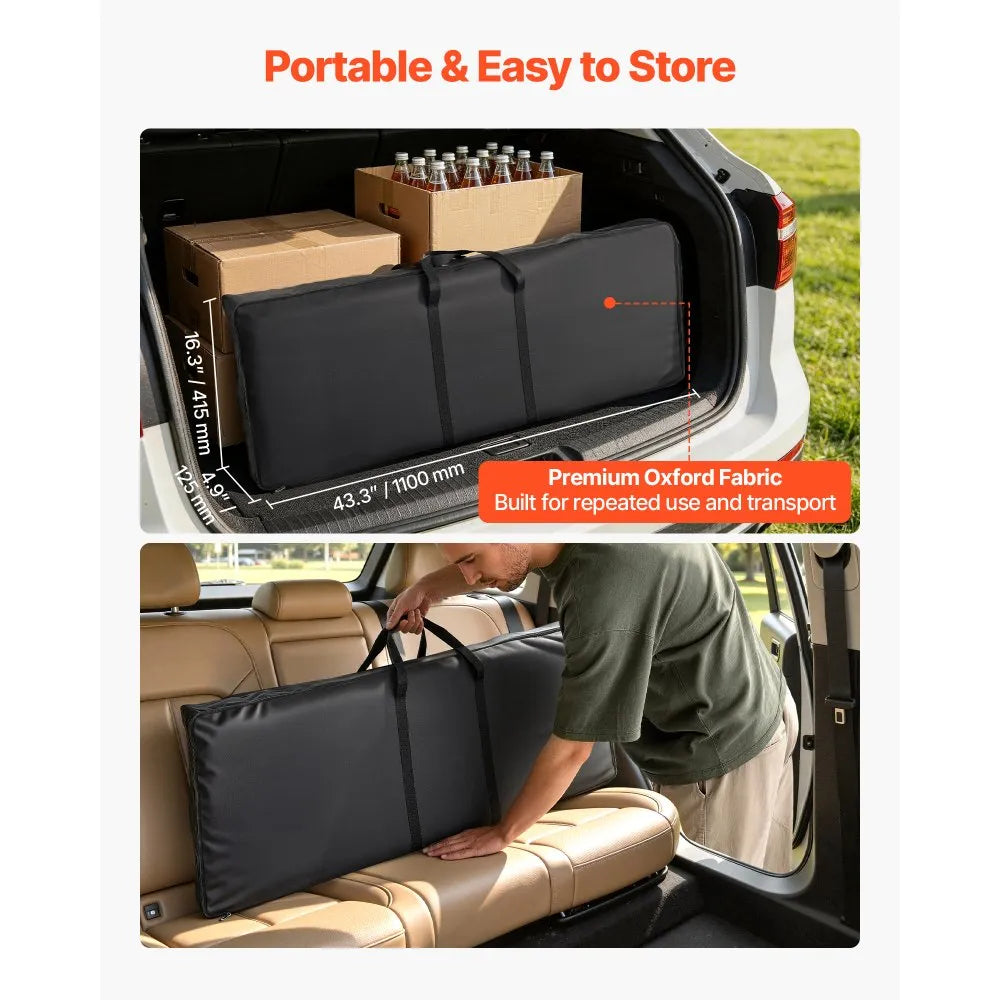 VEVOR Folding Portable Bar Table, 43.5 x 15.4 x 39.8 in, with Carry Bag, 2 Storage Shelves, and Detachable Skirt, Quick and Easy Setup, Foldable Mobile Bartending Station for Events, Party, Tradeshow
