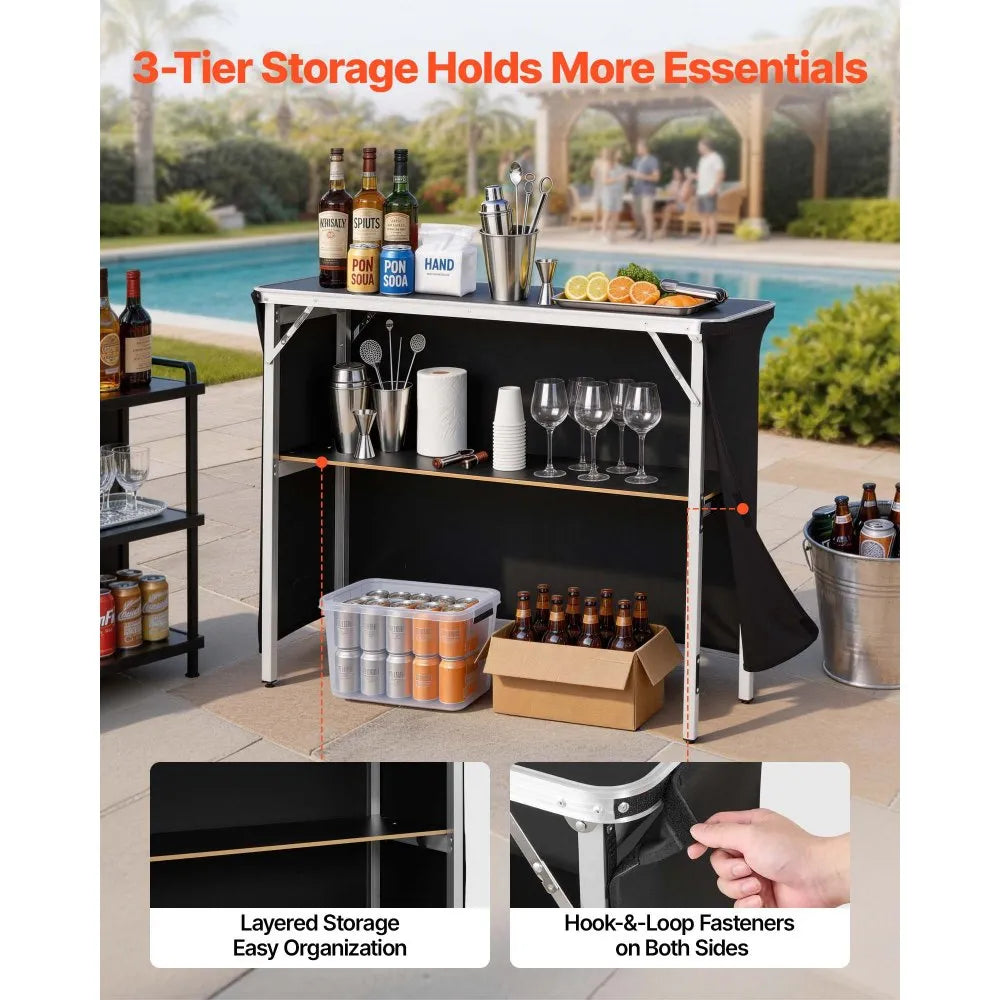 VEVOR Folding Portable Bar Table, 43.3 x 15.2 x 34.8 in, with Carry Bag, Storage Shelf, and Detachable Skirt, Quick and Easy Setup, Foldable Mobile Bartending Station for Events, Party, Tradeshow